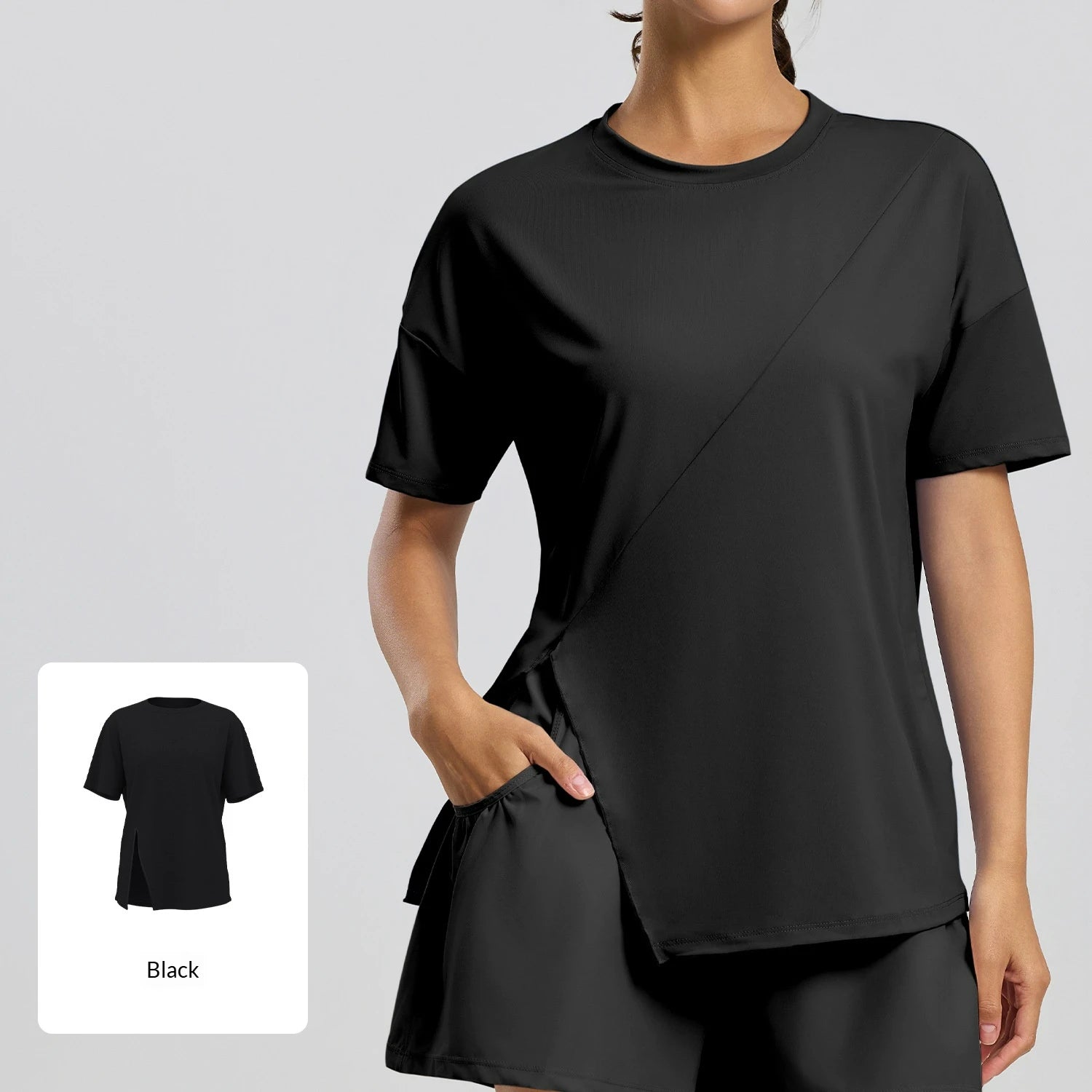 Loose-fitting yoga top for running, sports, and outdoor wear,Spandex/Polyester Split Loose Yoga Running Sports Fitness Top
