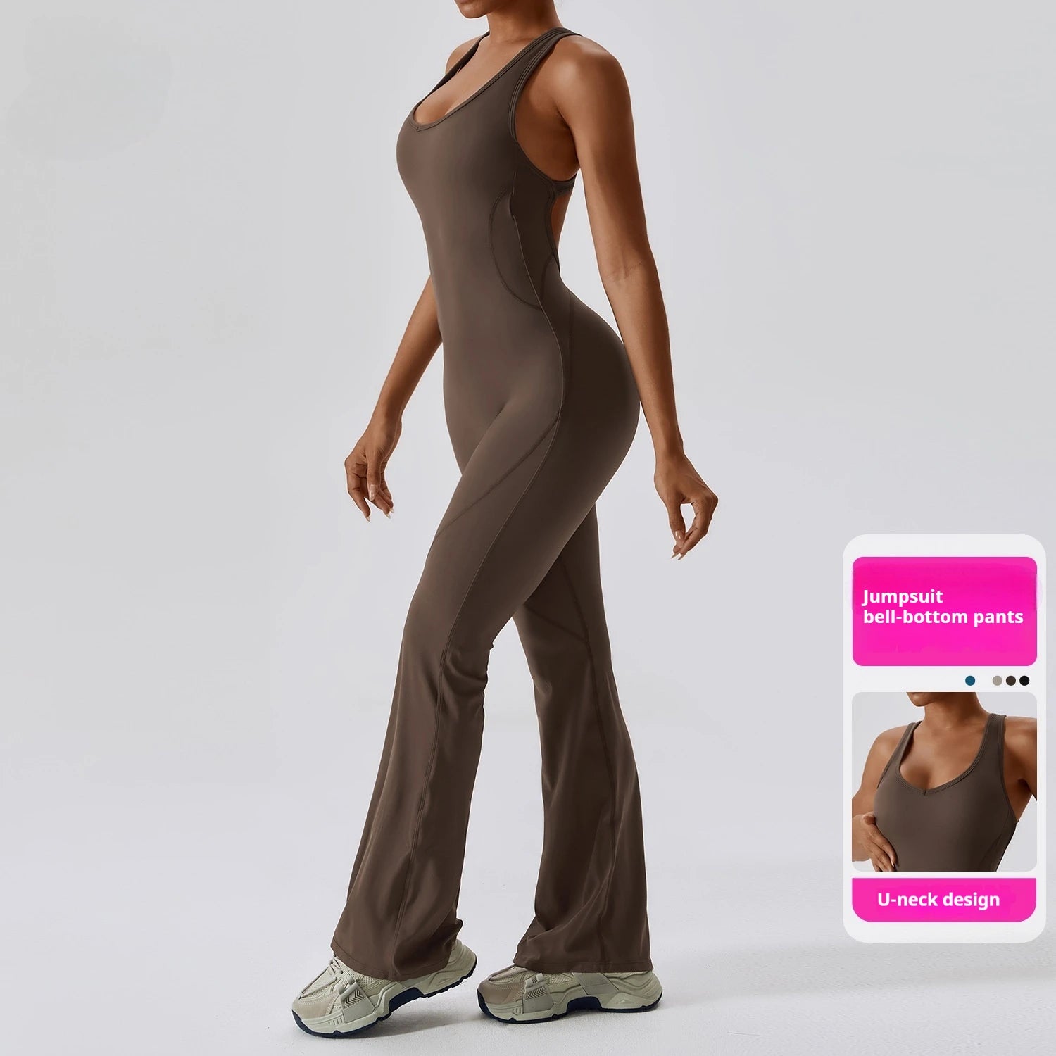 Plus Size Elastin Backless Workout Romper Quick Dry Flare Leggings Yoga Jumpsuits Knitted Women Custom  Gym Fitness Bodysuit