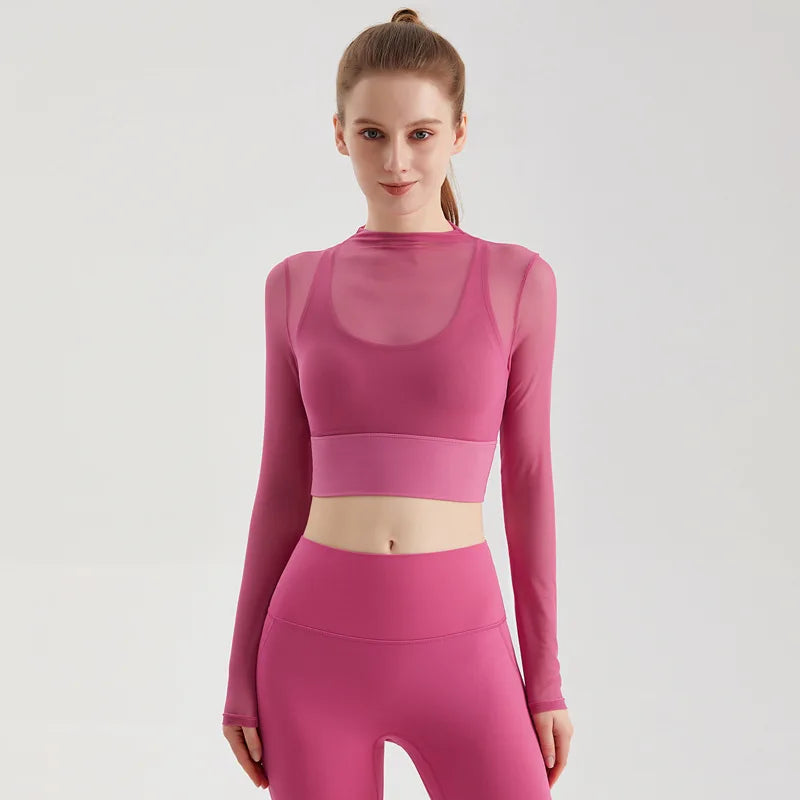 Women's Long Top Double Lined Sexy Sheer Mesh Compression Quick Dry Spandex/Nylon Athletic Workout Yoga Clothing