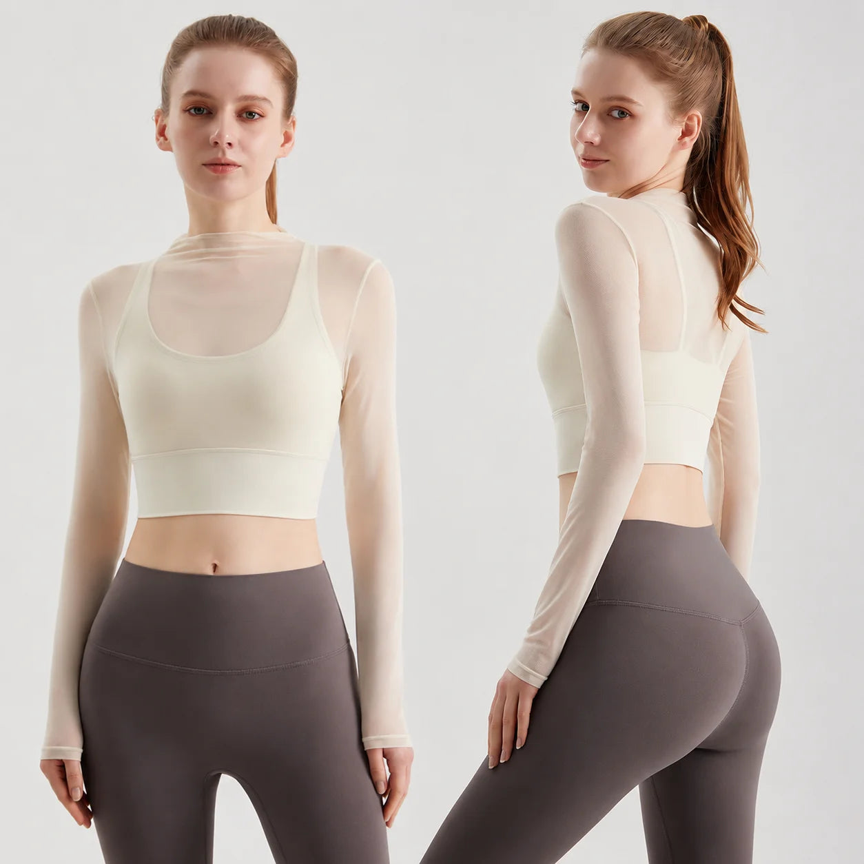 Women's Long Top Double Lined Sexy Sheer Mesh Compression Quick Dry Spandex/Nylon Athletic Workout Yoga Clothing