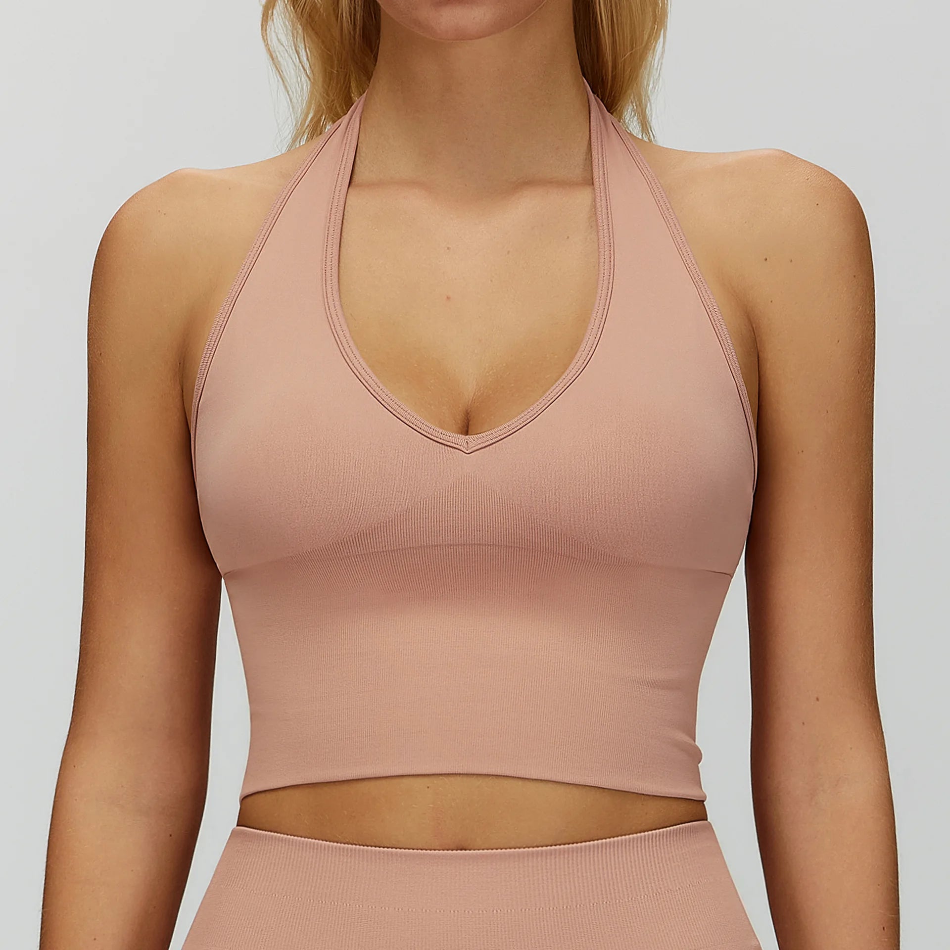 Seamless Halter Yoga Tops Women Custom LOGO Sexy V Neck Backless Sports Bra Gym Workout Crop Top Breathable Pilates Tank