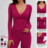 Women Crossover Wrap V Neck Long Sleeve Yoga Top Slim Fit Ruched Workout Shirt Gym Activewear Athletic Tee