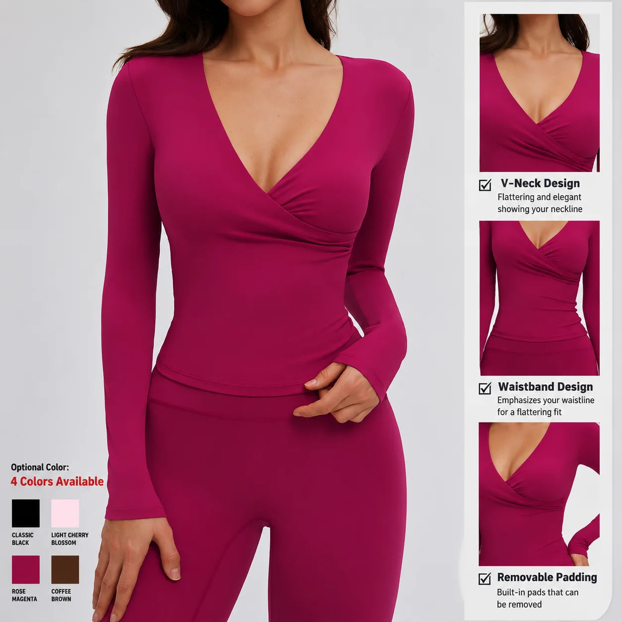 Women Crossover Wrap V Neck Long Sleeve Yoga Top Slim Fit Ruched Workout Shirt Gym Activewear Athletic Tee