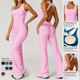 Women's Open Back Flared Yoga Jumpsuit Custom Logo Contrast Trim One Piece Padded Workout Gym Bodysuit Activewear