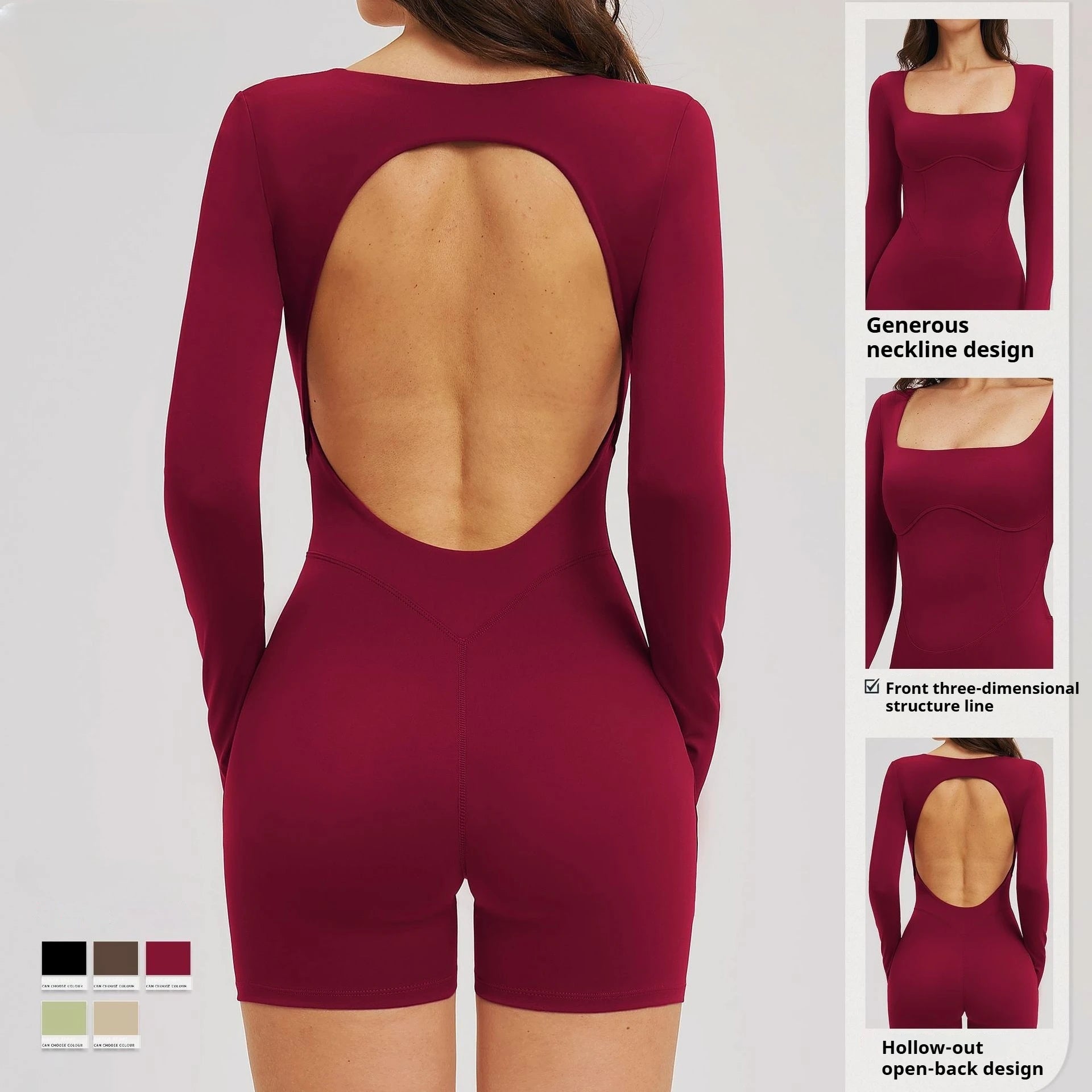 Square Neck Backless Long Sleeves Gym Fitness Yoga Wear 1 Set Jumpsuit Women Bodysuit Outdoor Running Custom Yoga Jumpsuit