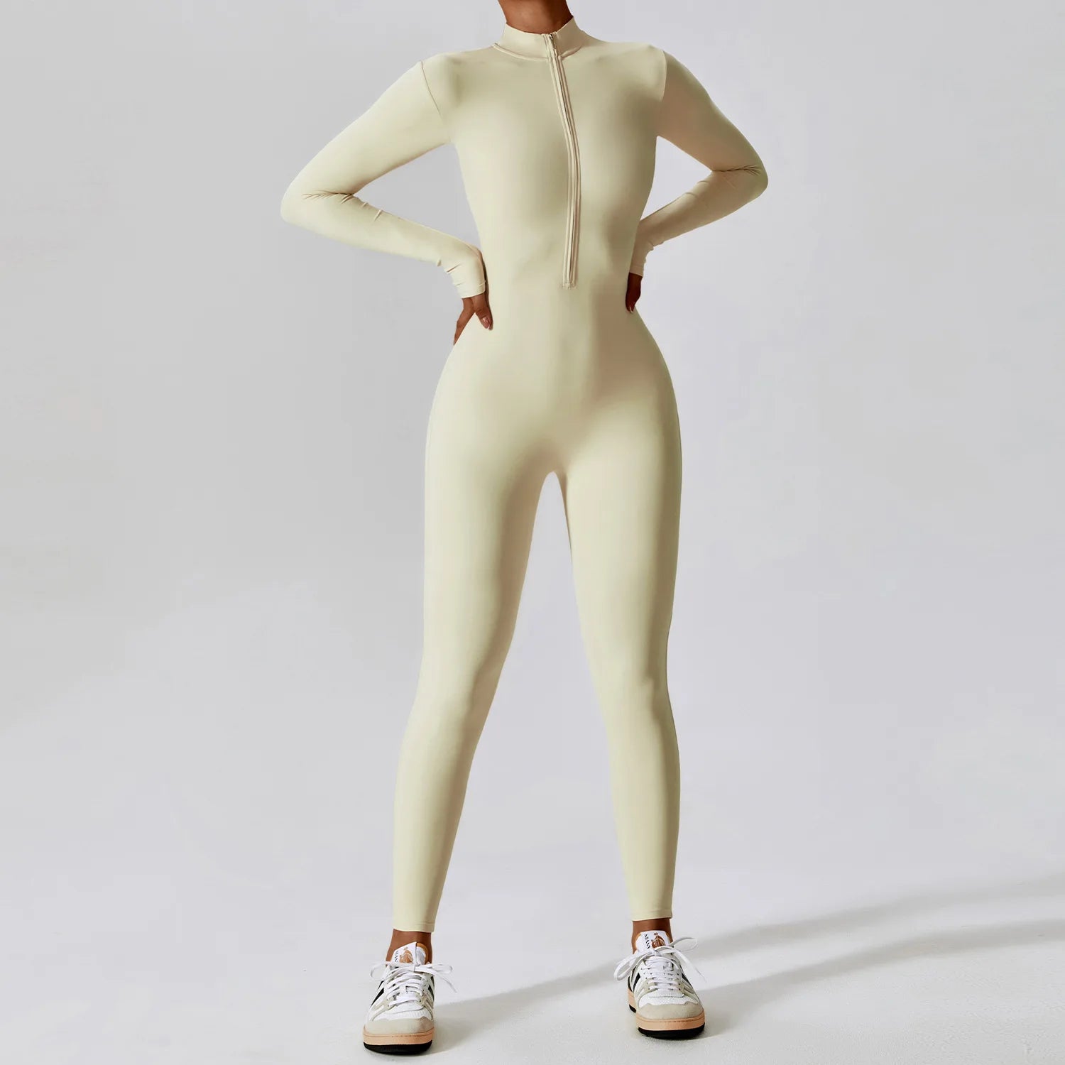 Women Front Zipper Yoga Jumpsuit  One Piece Unitard Gym Workout Bodycon Romper Athletic Wear Long Sleeve