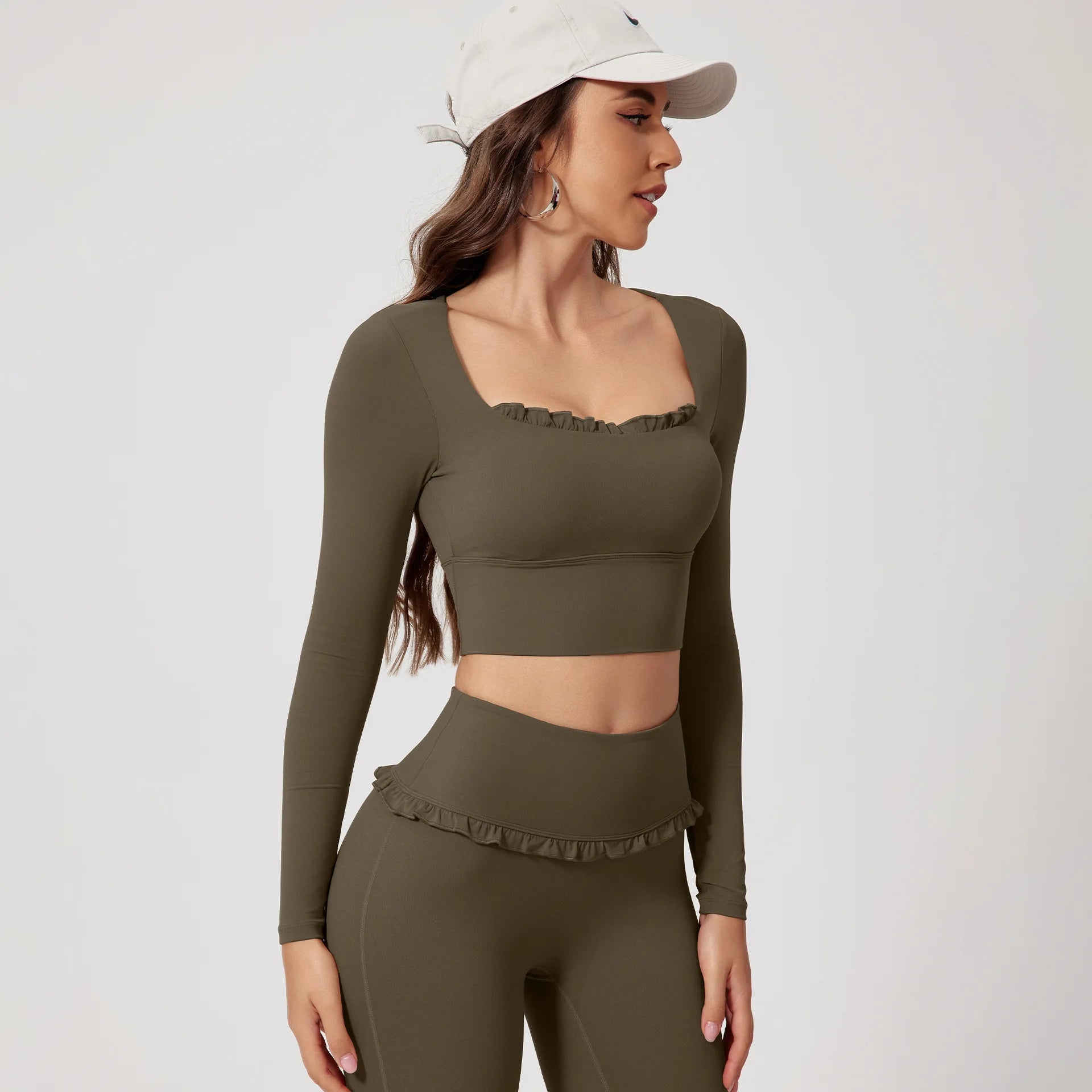 Custom Logo Yoga Long Sleeve Top Ruffle Trim Sports Crop Top Women Balletcore Fitness Shirt Gym Workout Wear Quick Dry