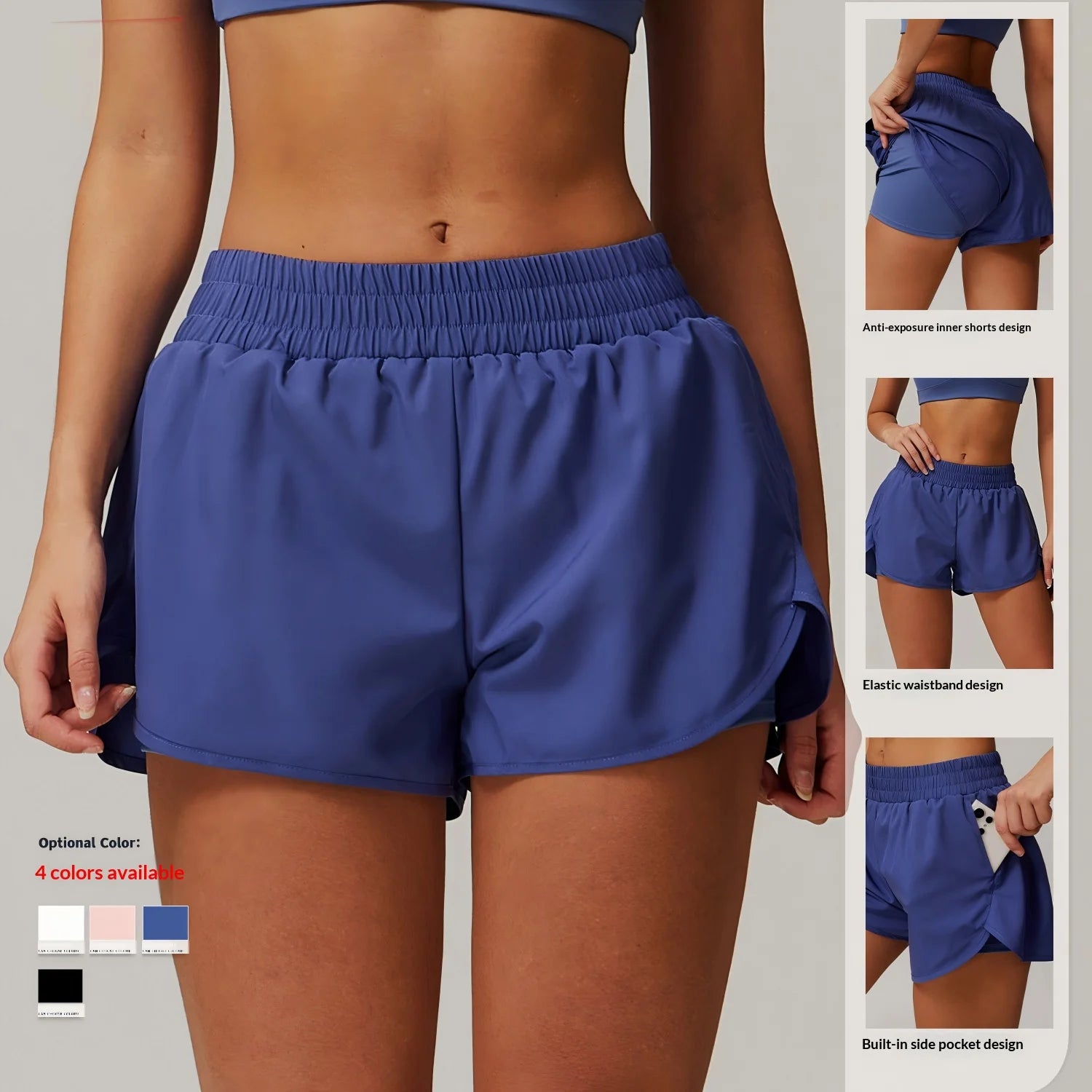 Custom Logo High Waisted Smocked Running Essentials Shorts Women 2 in 1 Athletic Gym Shorts with Pockets Double Layer Liner