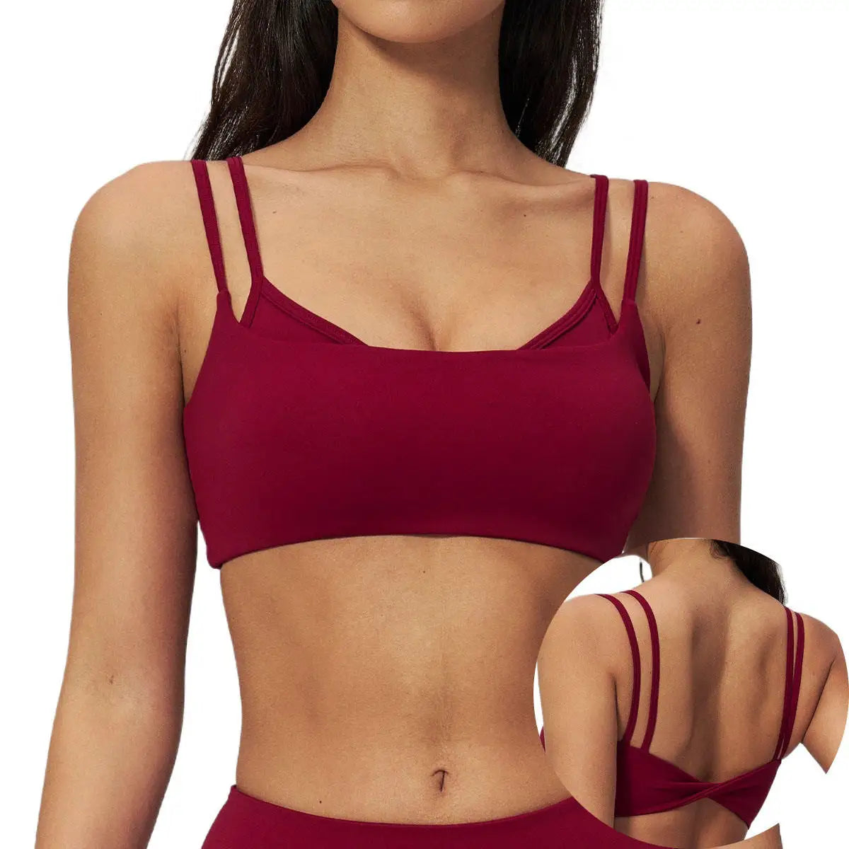 Women Double Strap Sports Bra Scoop Neck Gym Crop Top Strappy Back Workout Bralette High Stretch Activewear Vest