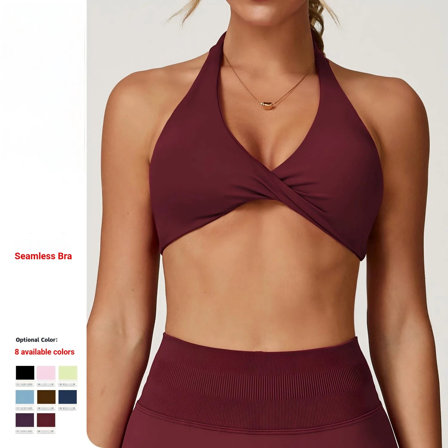 Halter Neck Twist Front Sports Bra Deep V Wireless Yoga Crop Top Removable Padded Gym Workout Bralette Women