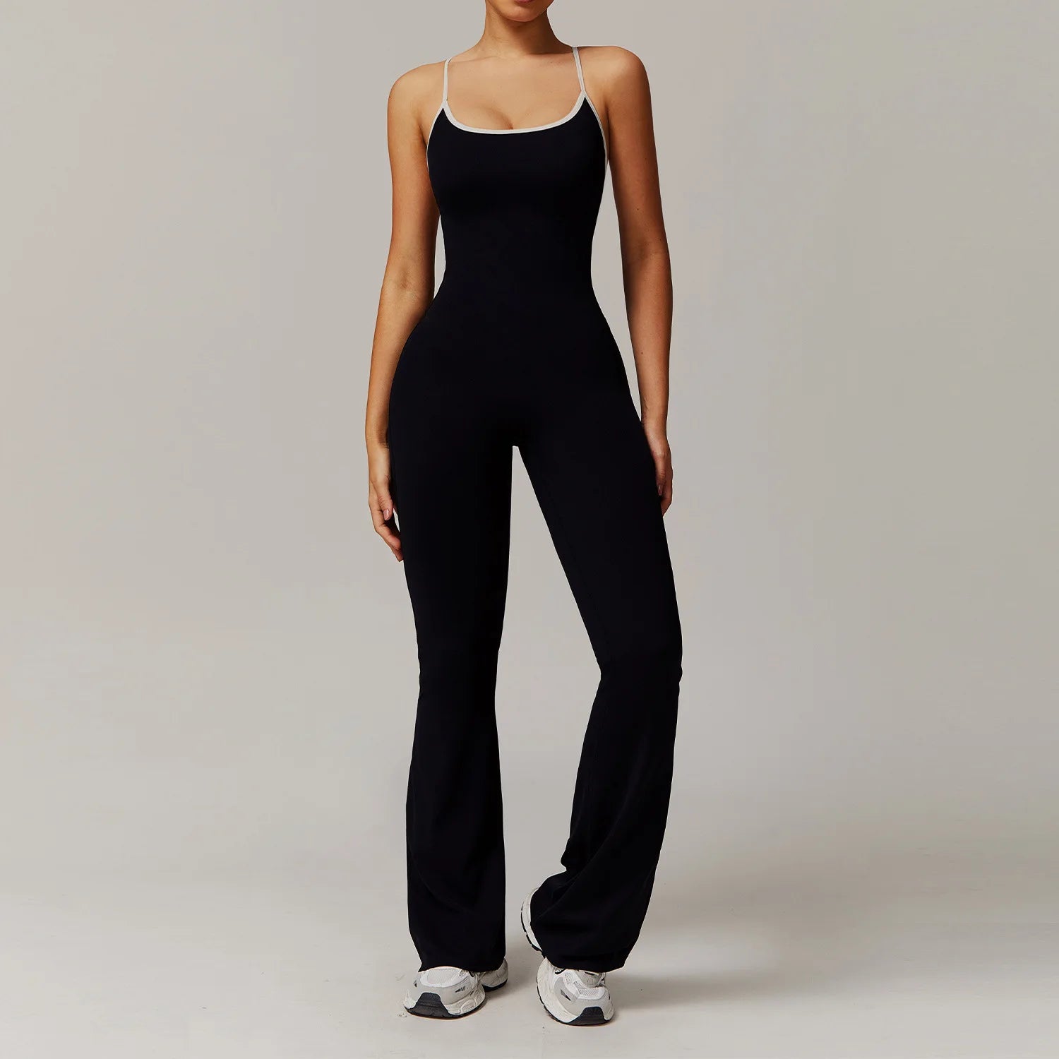 Women Backless One Piece Jumpsuit Scrunch Butt Flared Yoga Romper Contrast Trim Criss Cross Straps Custom Logo