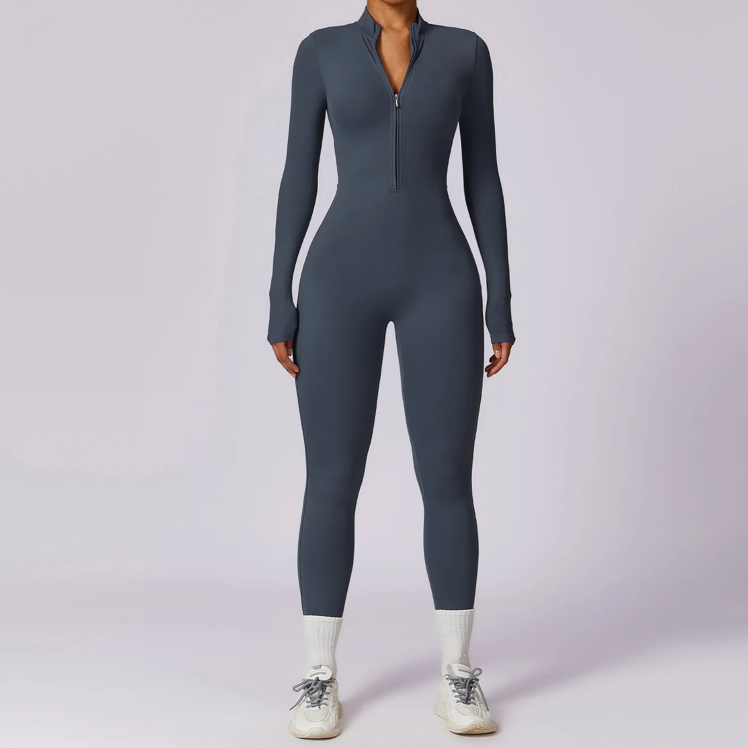 Women Front Zipper Yoga Jumpsuit  One Piece Unitard Gym Workout Bodycon Romper Athletic Wear Long Sleeve