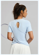 Wholesale Quick Dry Breathable Crew Neck Solid Back Hollow Out Cross short sleeve shirt tshirt women yoga top