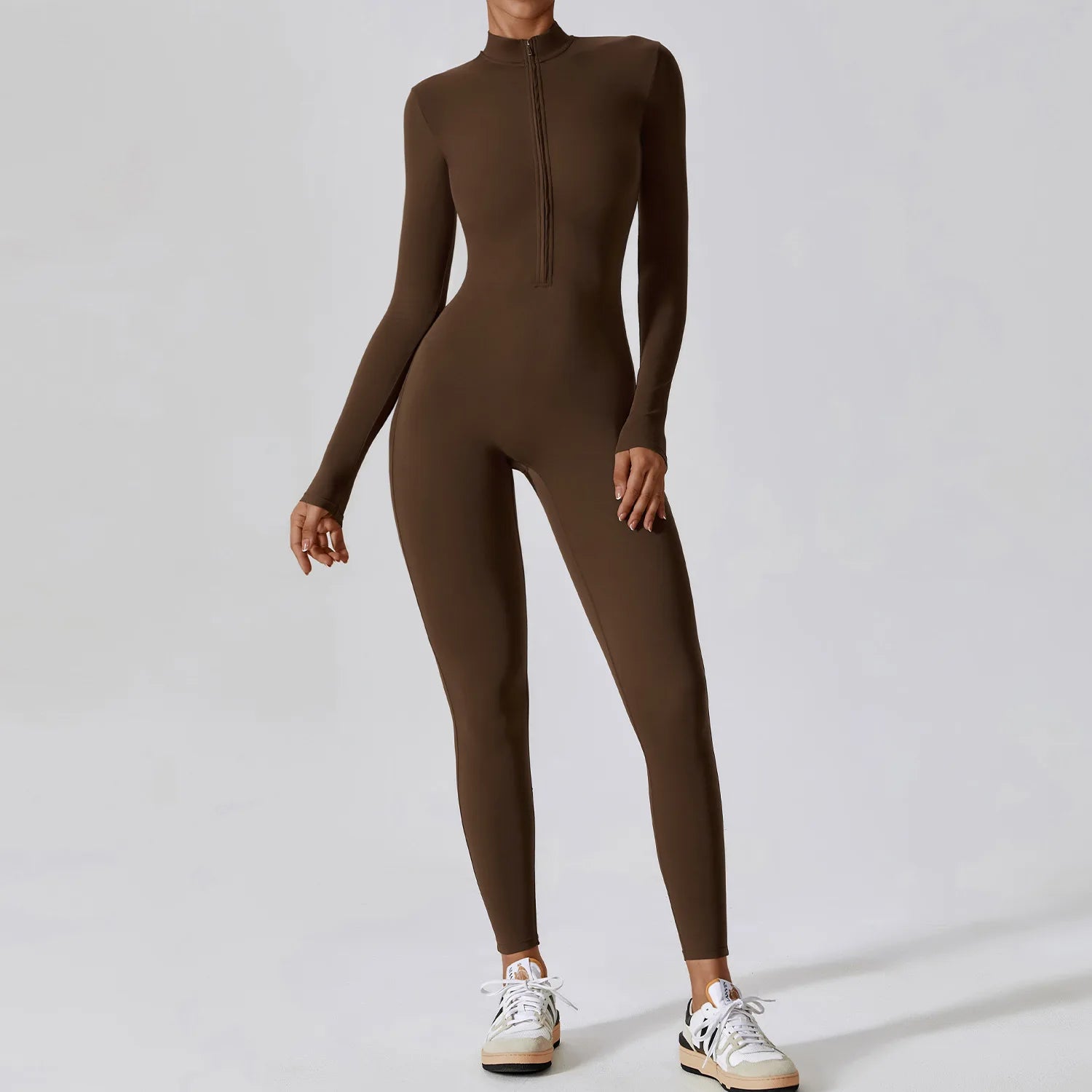 Women Front Zipper Yoga Jumpsuit  One Piece Unitard Gym Workout Bodycon Romper Athletic Wear Long Sleeve