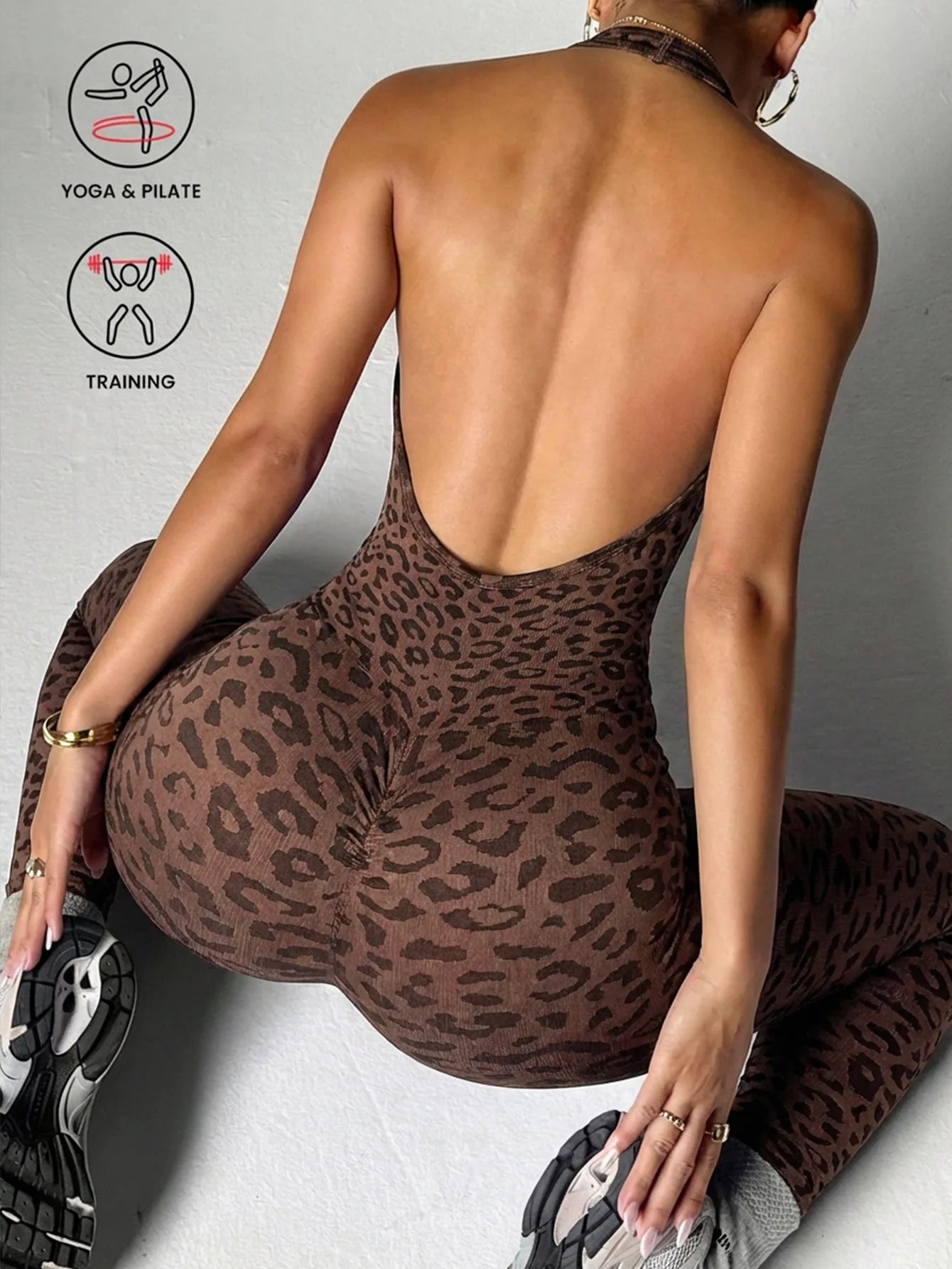 New Gym Fitness Sports Style Solid Yoga Jumpsuits Leopard Print V Backless Ruched Butt Lightweight Backless Breathable Women