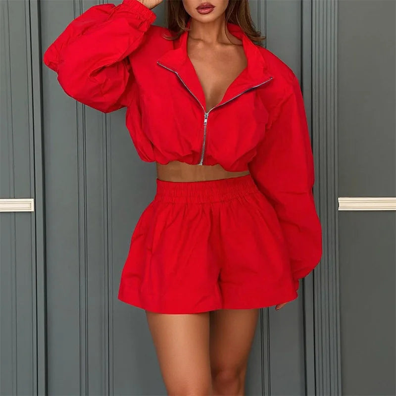 Women  Zip up Jacket 2 Piece Set Cropped Zip up Jacket and High Waisted Shorts Casual Streetwear Tracksuit Outfits