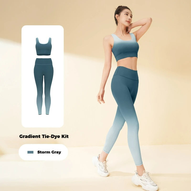 Gradient Nylon High Waist Breathable Yoga Apparel Sets Lounge Trousers 2pcs Women's Calf-Length Yoga Leggings Pants