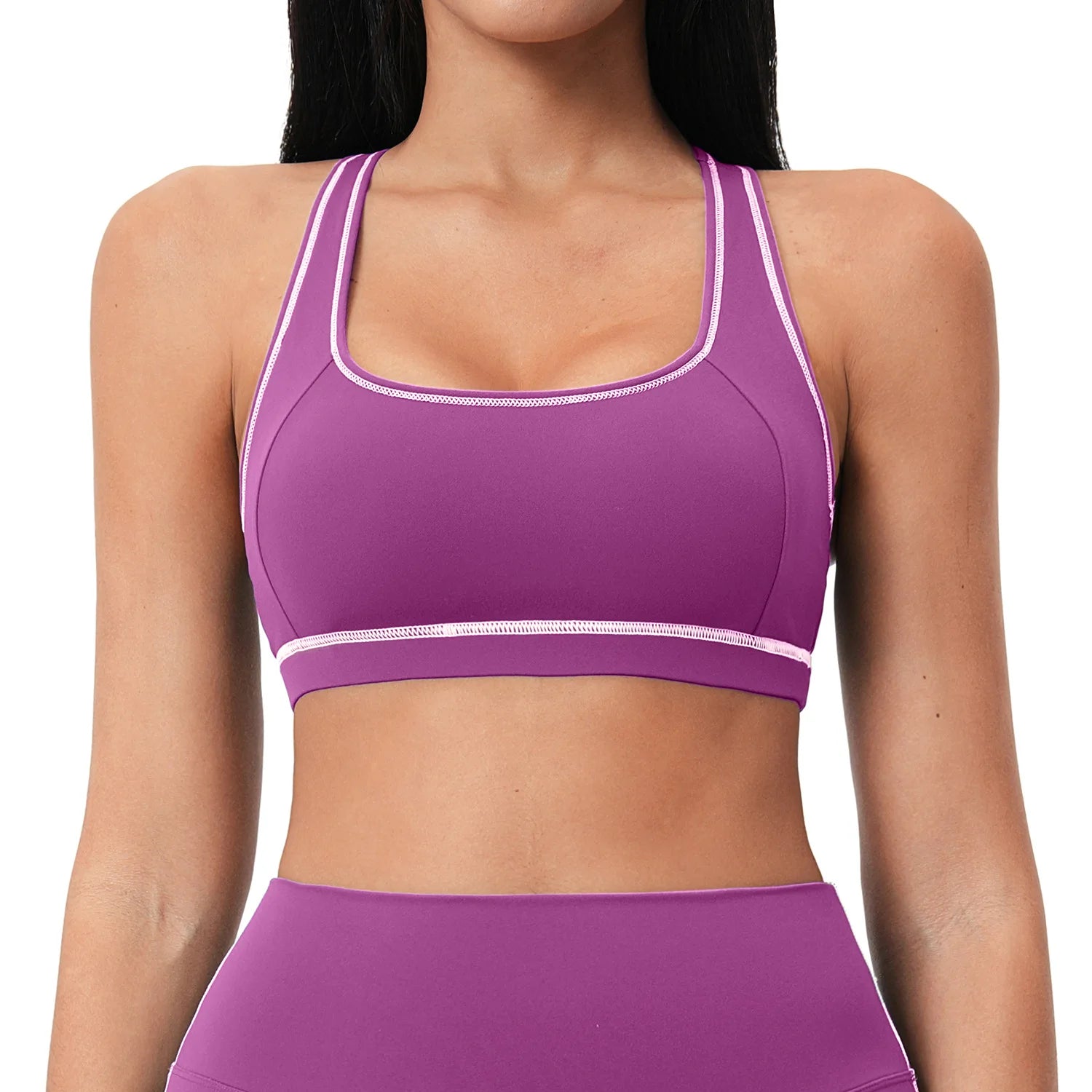 Yoga Tank Top Women Contrast Stitching Built-in Bra Racerback Gym Wear Seamless Workout Sports Vest