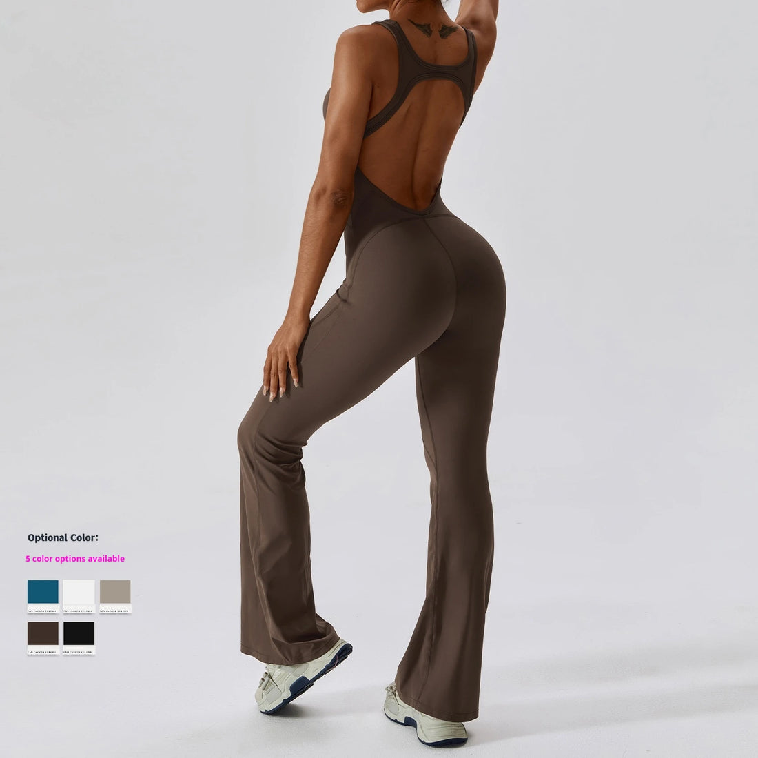 Plus Size Elastin Backless Workout Romper Quick Dry Flare Leggings Yoga Jumpsuits Knitted Women Custom  Gym Fitness Bodysuit