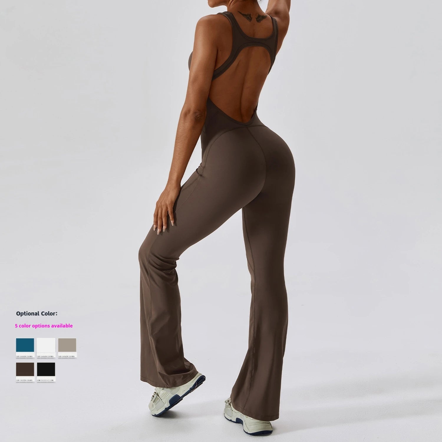 Plus Size Elastin Backless Workout Romper Quick Dry Flare Leggings Yoga Jumpsuits Knitted Women Custom  Gym Fitness Bodysuit