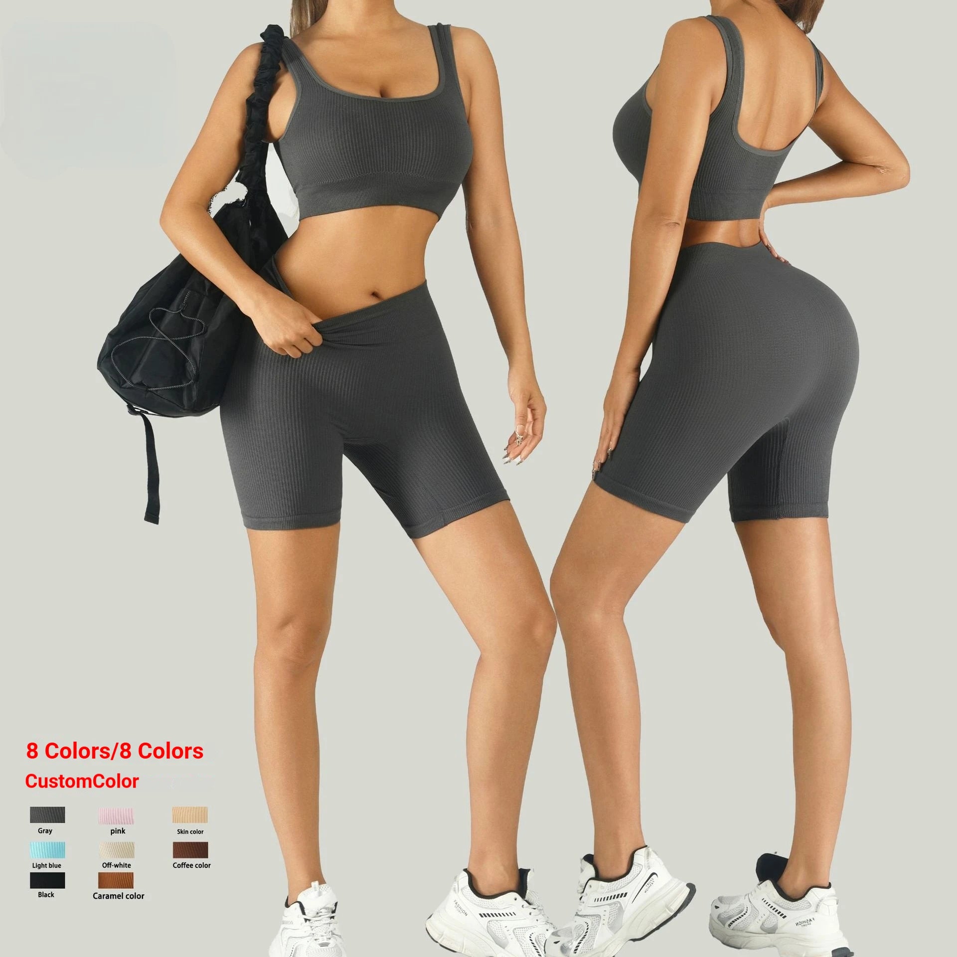 Ribbed Seamless Yoga Set Women U-Neck Sports Bra High Waist Biker Shorts 2 Piece Fitness Workout Set Wholesale