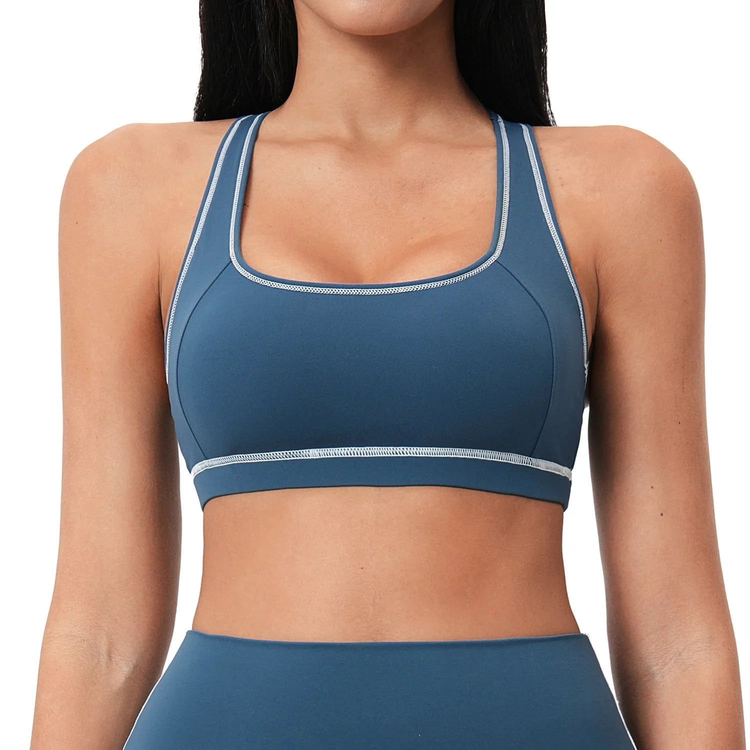 Yoga Tank Top Women Contrast Stitching Built-in Bra Racerback Gym Wear Seamless Workout Sports Vest