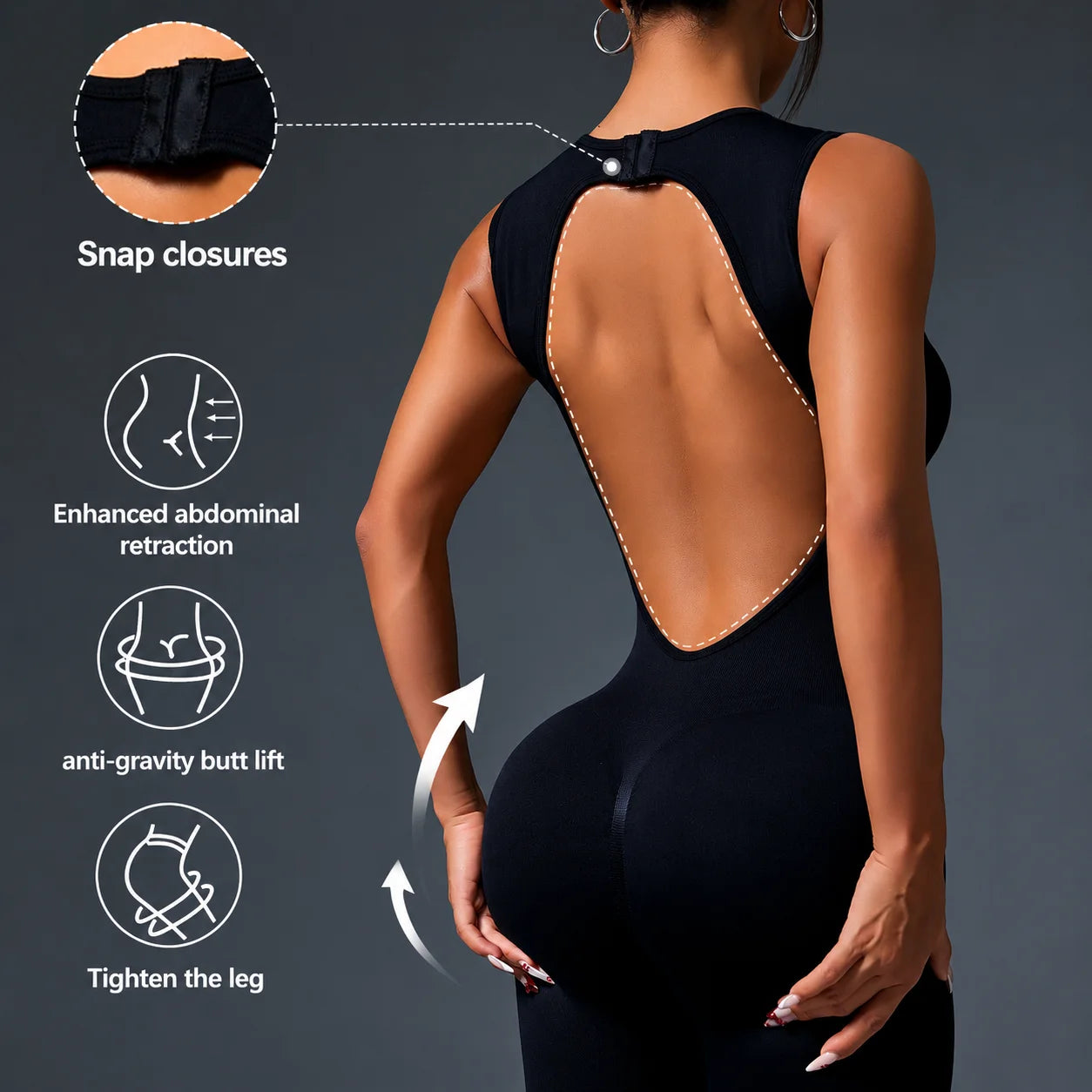 Seamless Butt Lift Tummy Control One Piece Yoga Jumpsuit Backless Snap Closure Butt Lift Tummy Control Workout Bodysuit Set