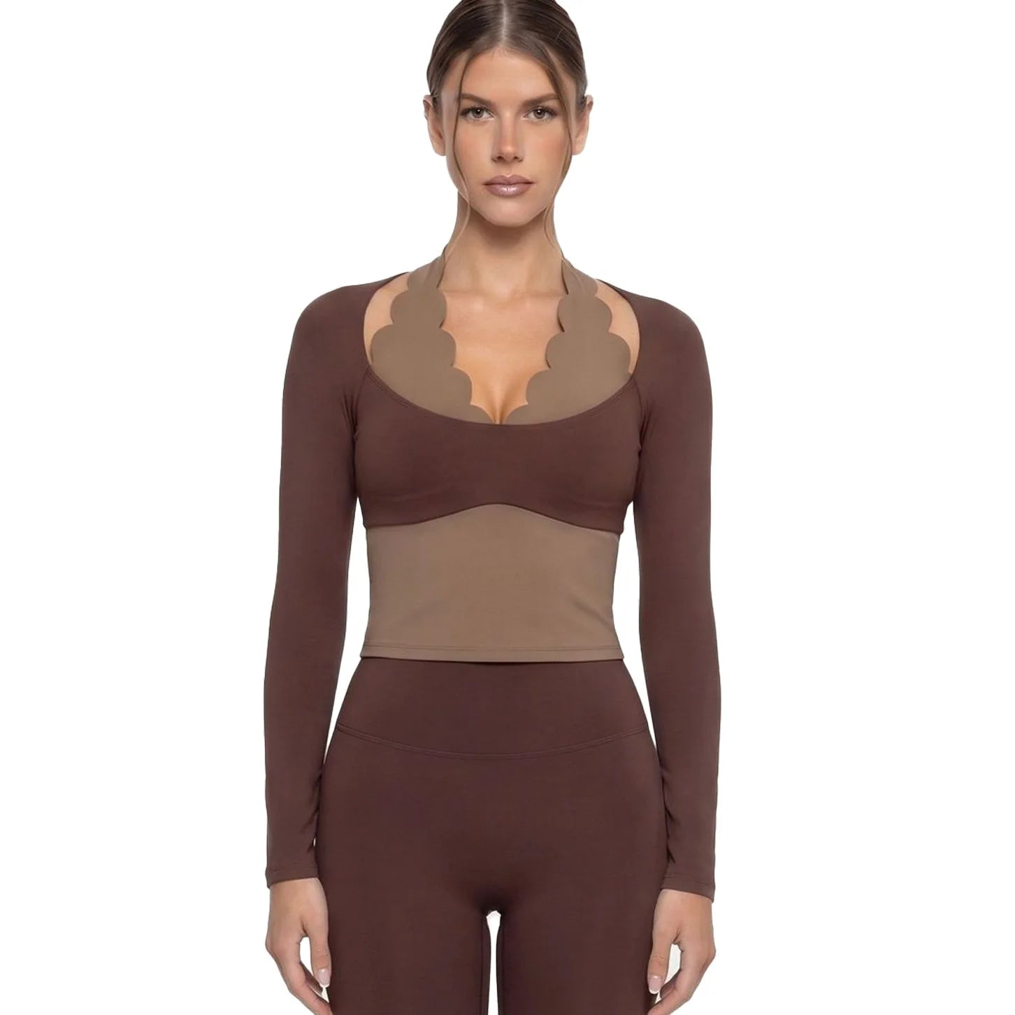 Four-Way Stretch Women's Activewear 2-Piece Yoga Set Halter Neck Long Sleeve Top High Waist Leggings Scalloped Workout