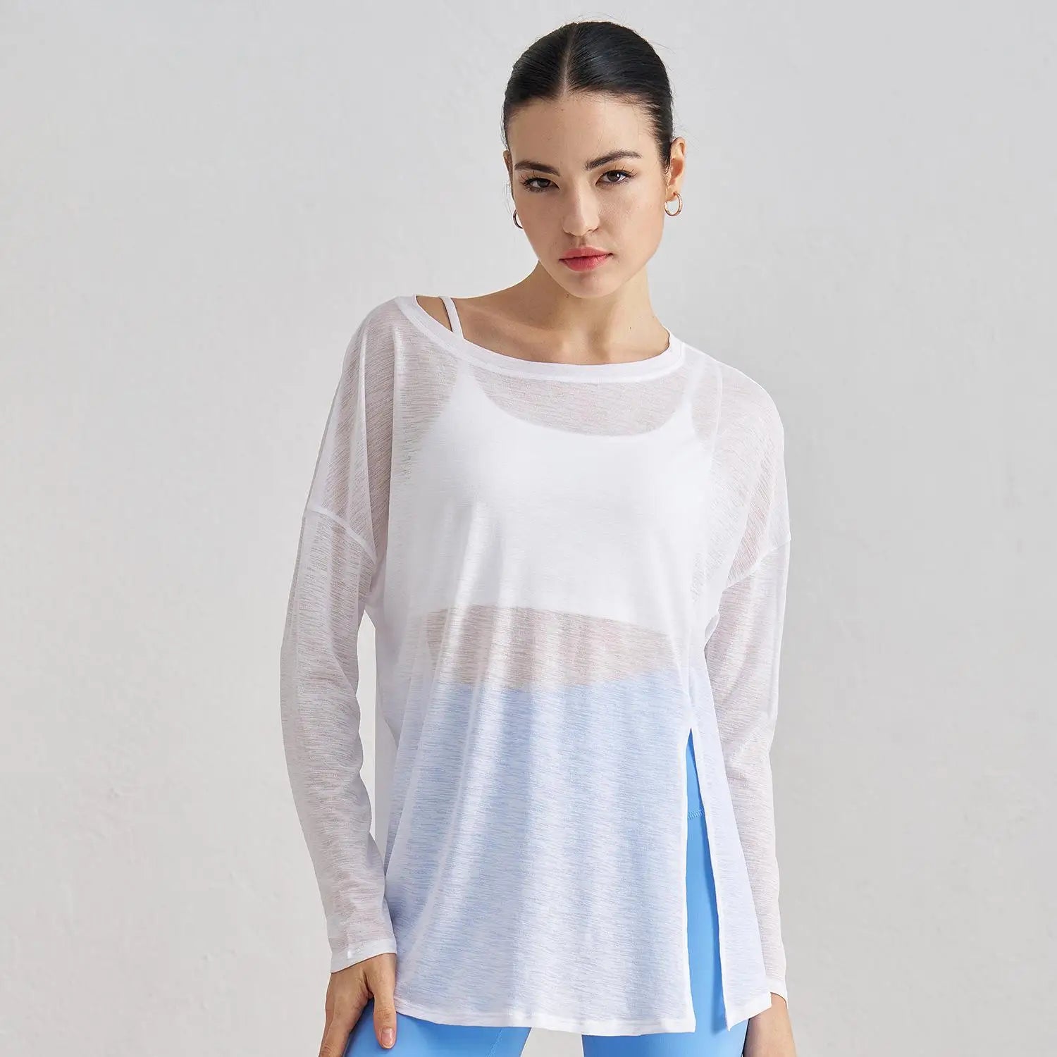 Loose Fit Long Sleeve Yoga Top Sheer Mesh Cover up Side Tie Knot Workout Shirts Breathable Gym Wear Custom