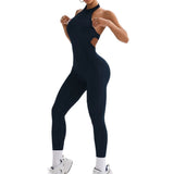 Custom Logo Yoga Bodysuit Halter Neck Backless Scrunch Butt One Piece Jumpsuit Women Gym Fitness Workout Romper Quick Dry