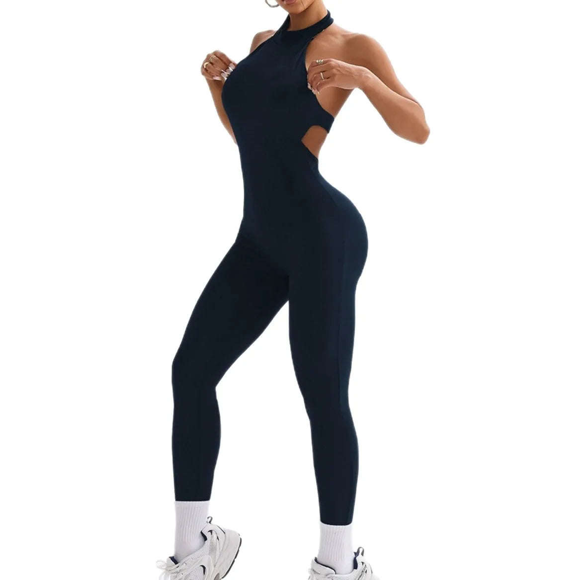 Custom Logo Yoga Bodysuit Halter Neck Backless Scrunch Butt One Piece Jumpsuit Women Gym Fitness Workout Romper Quick Dry