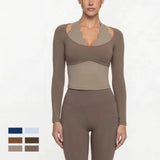 Four-Way Stretch Women's Activewear 2-Piece Yoga Set Halter Neck Long Sleeve Top High Waist Leggings Scalloped Workout