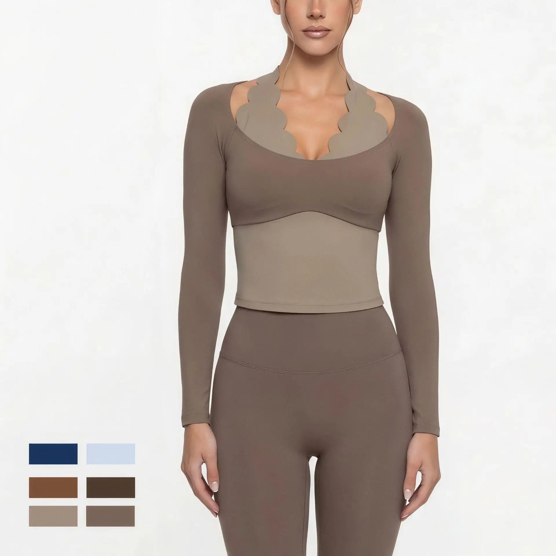 Four-Way Stretch Women's Activewear 2-Piece Yoga Set Halter Neck Long Sleeve Top High Waist Leggings Scalloped Workout