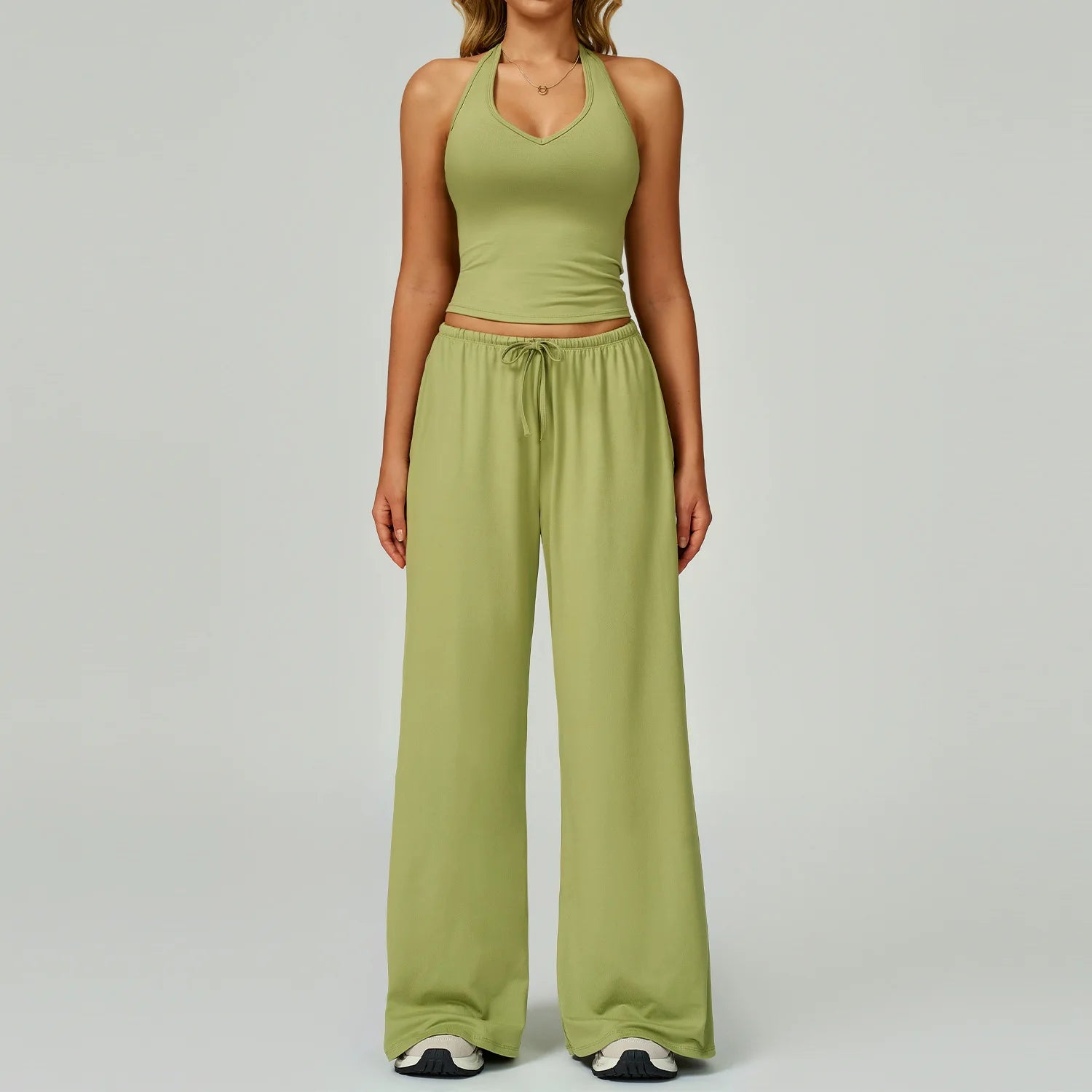 Solid Halter With T Strap Yoga Gym Sets Quick Dry Breathable Top Lightweight Loose Pants Women Summer Sports Outdoor Clothing