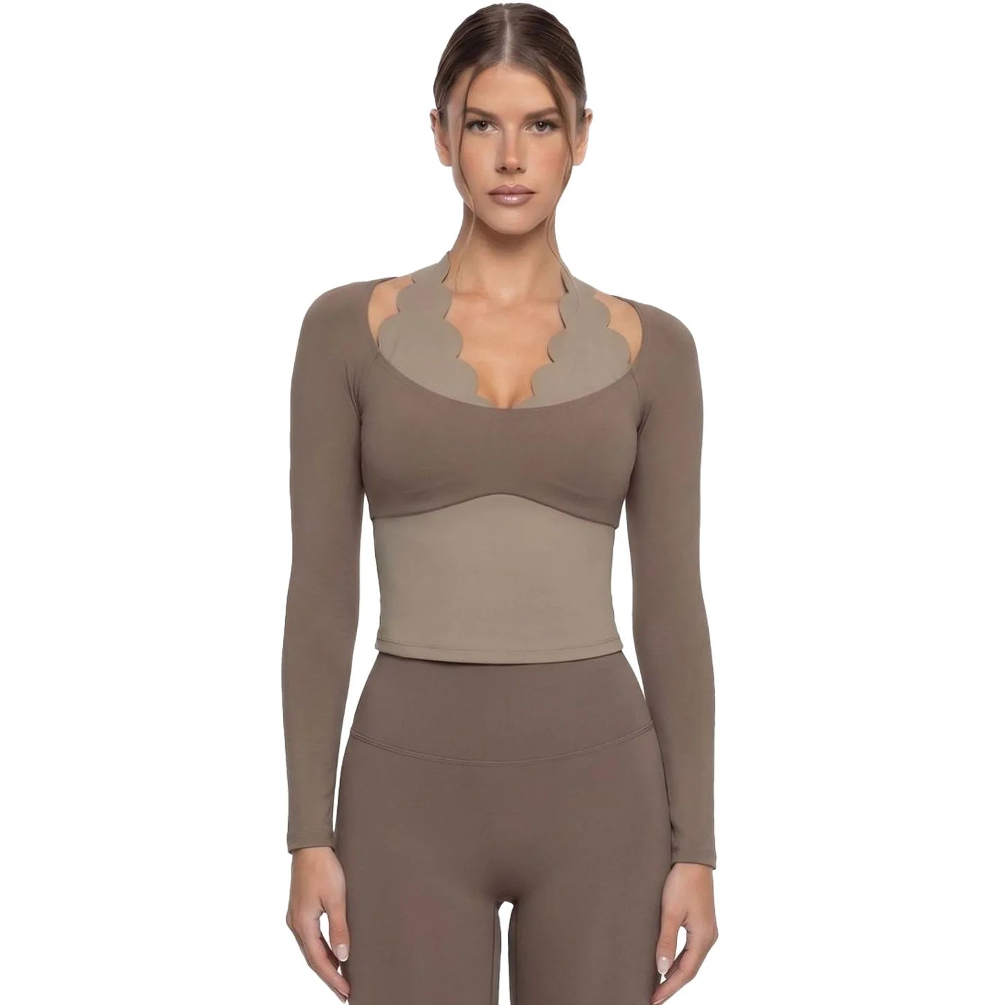 Four-Way Stretch Women's Activewear 2-Piece Yoga Set Halter Neck Long Sleeve Top High Waist Leggings Scalloped Workout