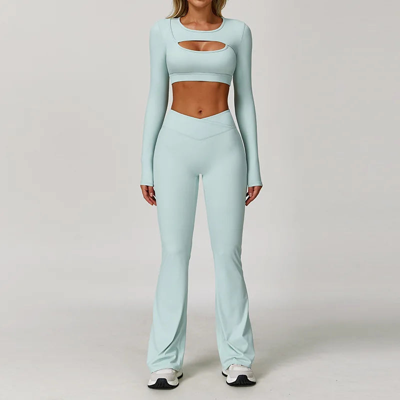 V Front Women's High Waist Breathable Solid 2026 2-pcs Active Wear Pink Yoga Flare Leggings Spandex/Nylon Elastic Waist Pink