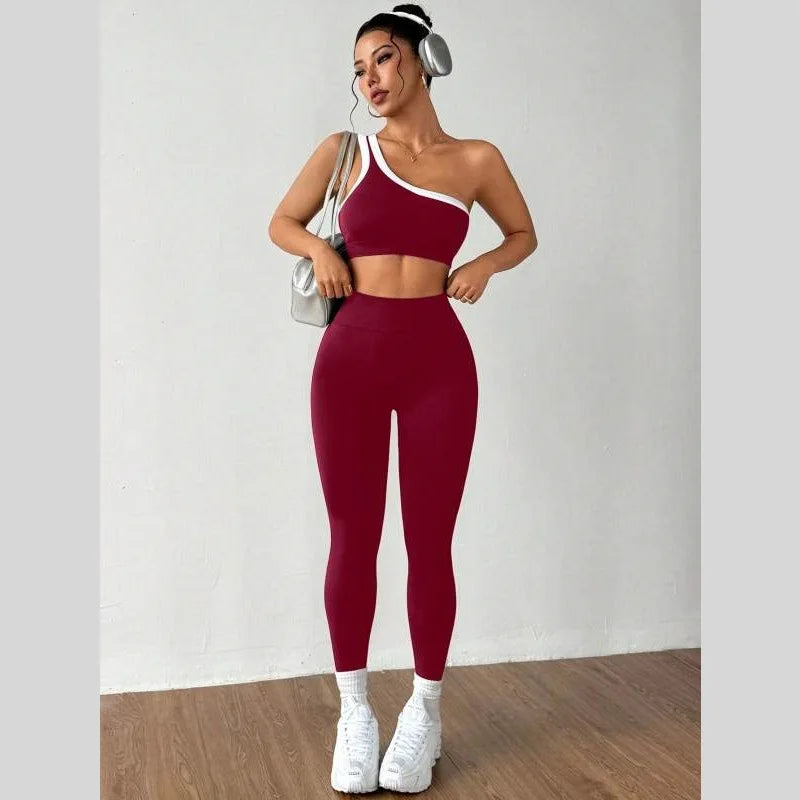 Yoga Set Women 2 Piece Set One Shoulder Contrast Trim Sports Bra High Waist Leggings Seamless Activewear Set