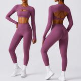 Gym Fitness Sets Women High Quality Sports Outfit Scrunch Leggings Bra Front Quick Dry Spandex/Nylon Skinny Fit Long Sleeve