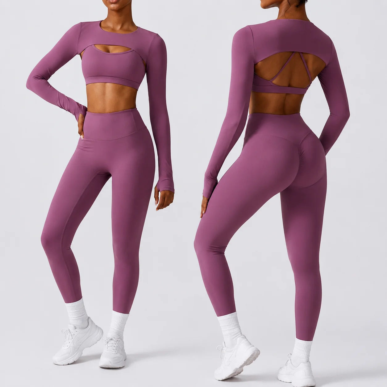 Gym Fitness Sets Women High Quality Sports Outfit Scrunch Leggings Bra Front Quick Dry Spandex/Nylon Skinny Fit Long Sleeve