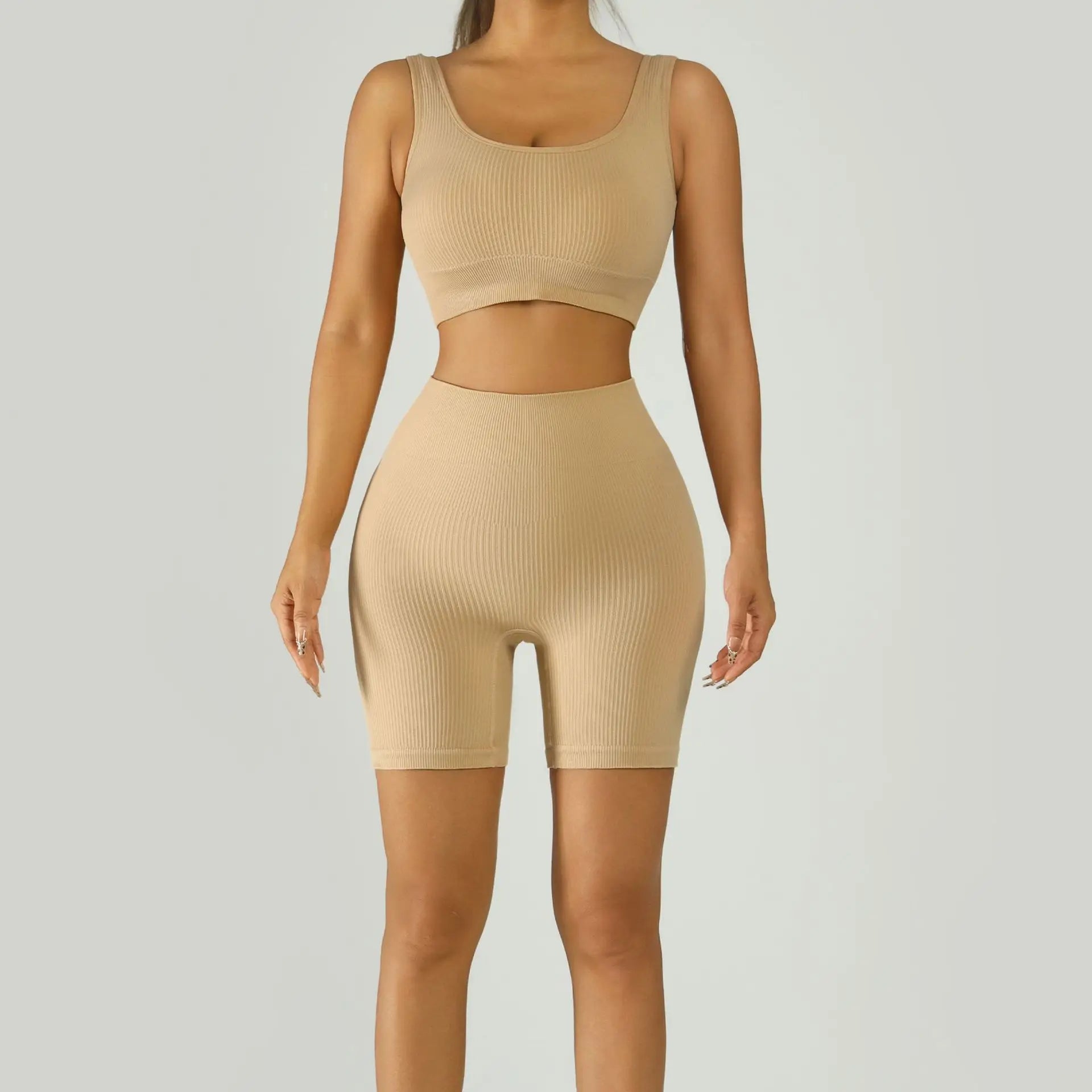 Ribbed Seamless Yoga Set Women U-Neck Sports Bra High Waist Biker Shorts 2 Piece Fitness Workout Set Wholesale