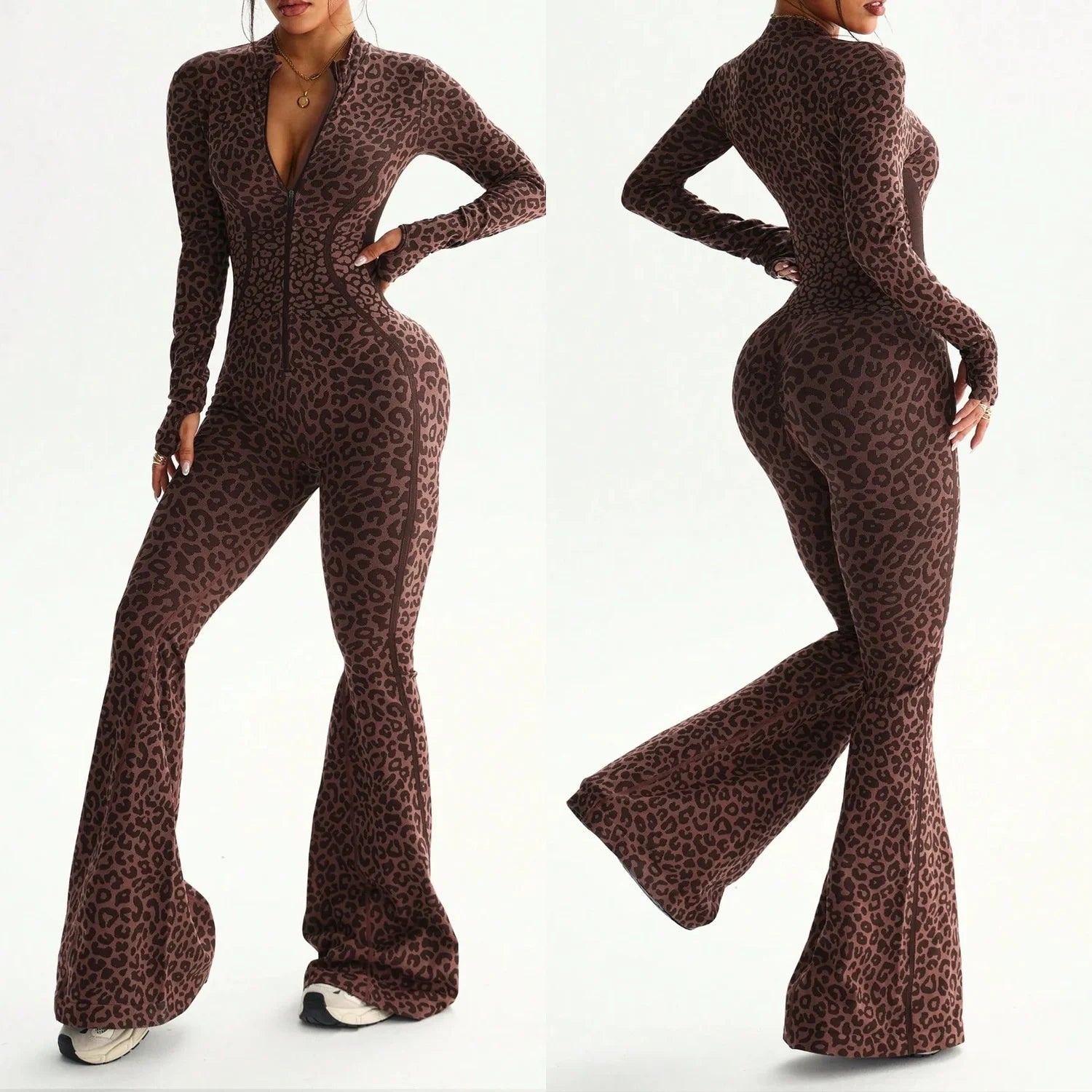 Custom Women Leopard Print Fitness  Bodysuit Yoga Wear Women's Clothing European and American Style Slim Fit Zipper
