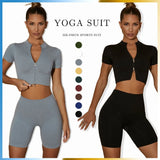 Custom Women's Gym Fitness  Zipper Closure Yoga Tops Solid Breathable Yoga Shorts 2-Piece Athletic Active Wear Workout Set