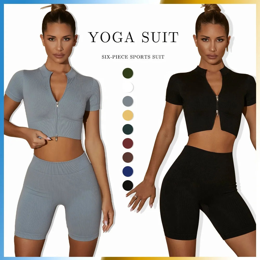 Custom Women's Gym Fitness  Zipper Closure Yoga Tops Solid Breathable Yoga Shorts 2-Piece Athletic Active Wear Workout Set