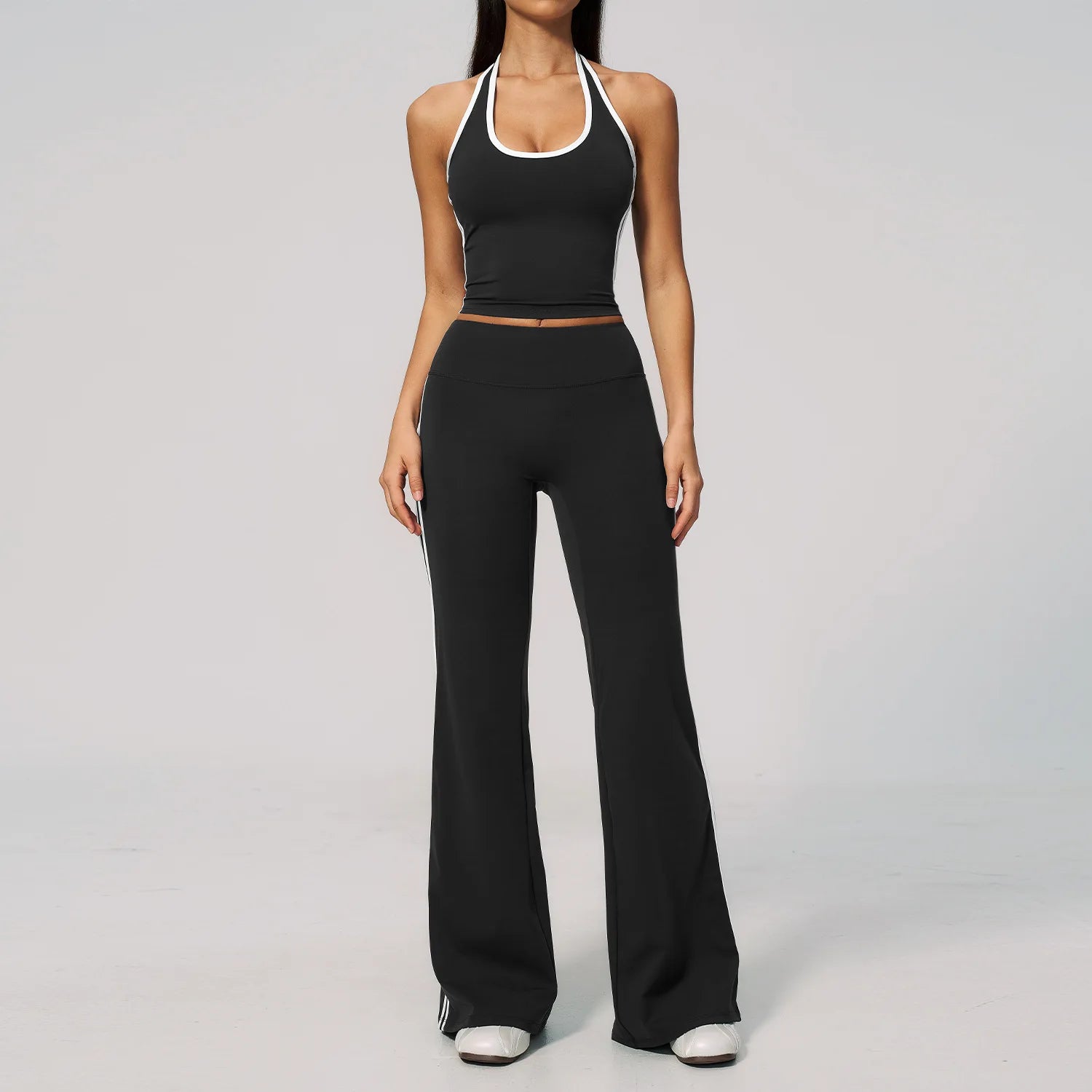 Women's Sleeveless Ruched Striped Yoga Set 2-Piece Breathable Seamless Sports Crop Top & Leggings Shorts Casual Fitness Summer