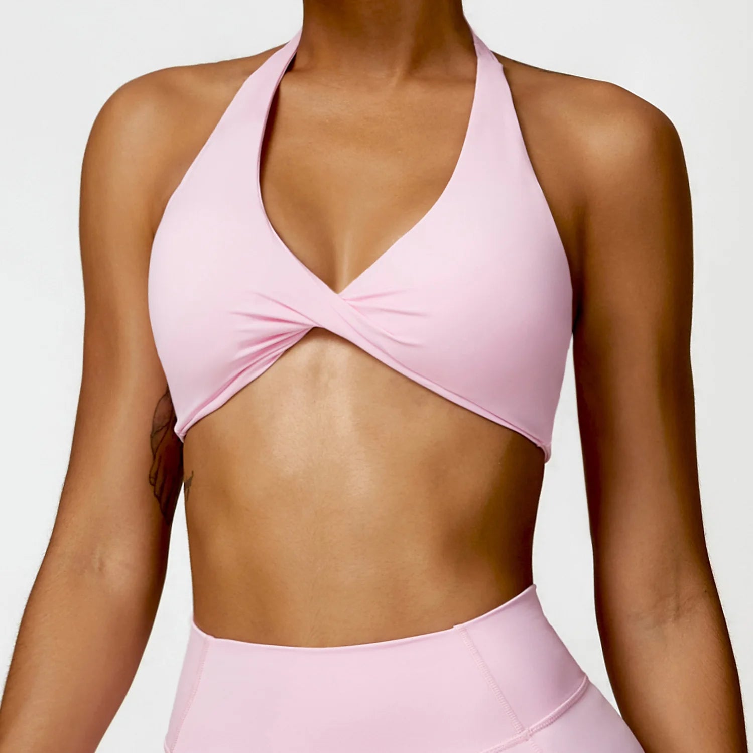 Halter Neck Twist Front Sports Bra Deep V Wireless Yoga Crop Top Removable Padded Gym Workout Bralette Women