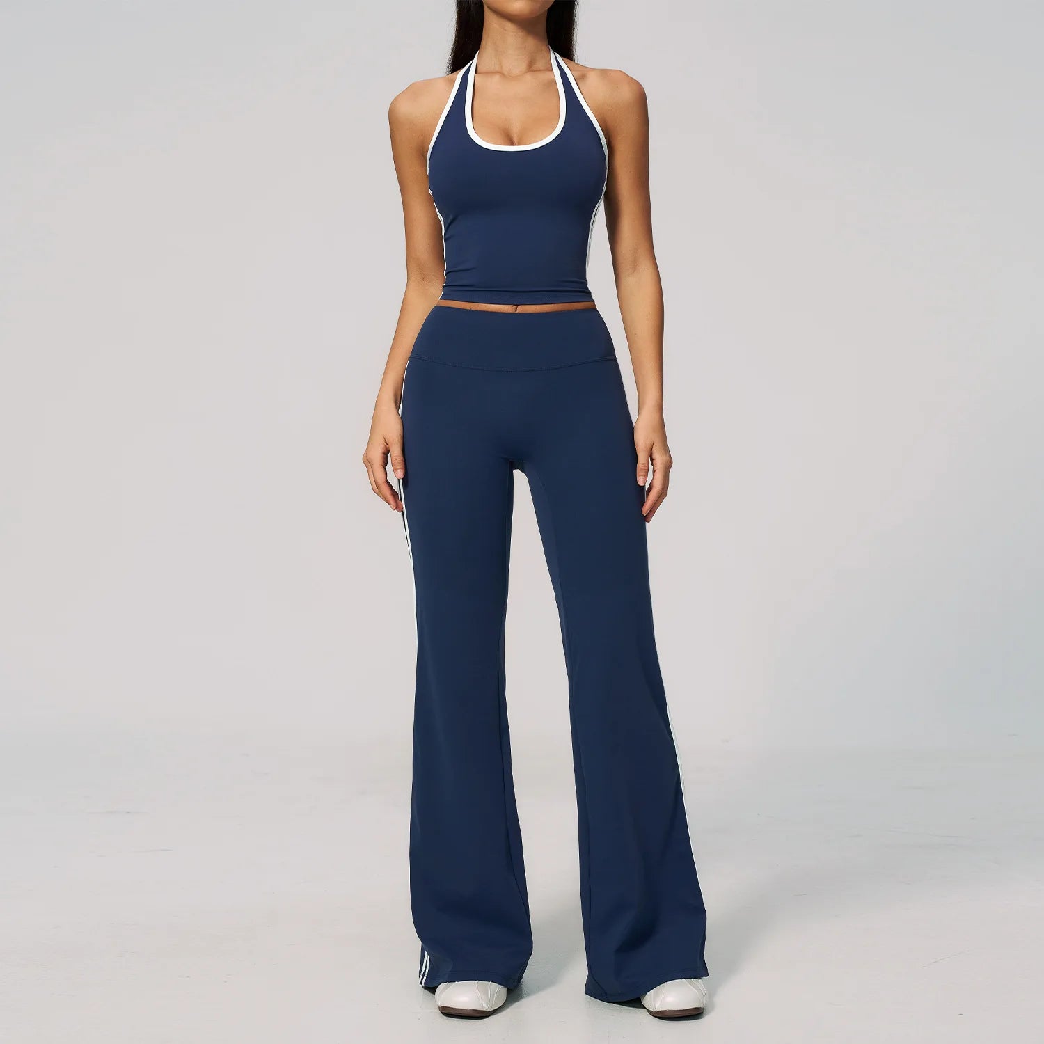 Women's Sleeveless Ruched Striped Yoga Set 2-Piece Breathable Seamless Sports Crop Top & Leggings Shorts Casual Fitness Summer