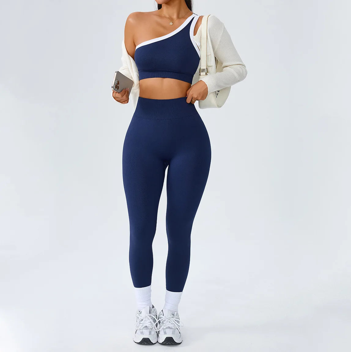 Yoga Set Women 2 Piece Set One Shoulder Contrast Trim Sports Bra High Waist Leggings Seamless Activewear Set