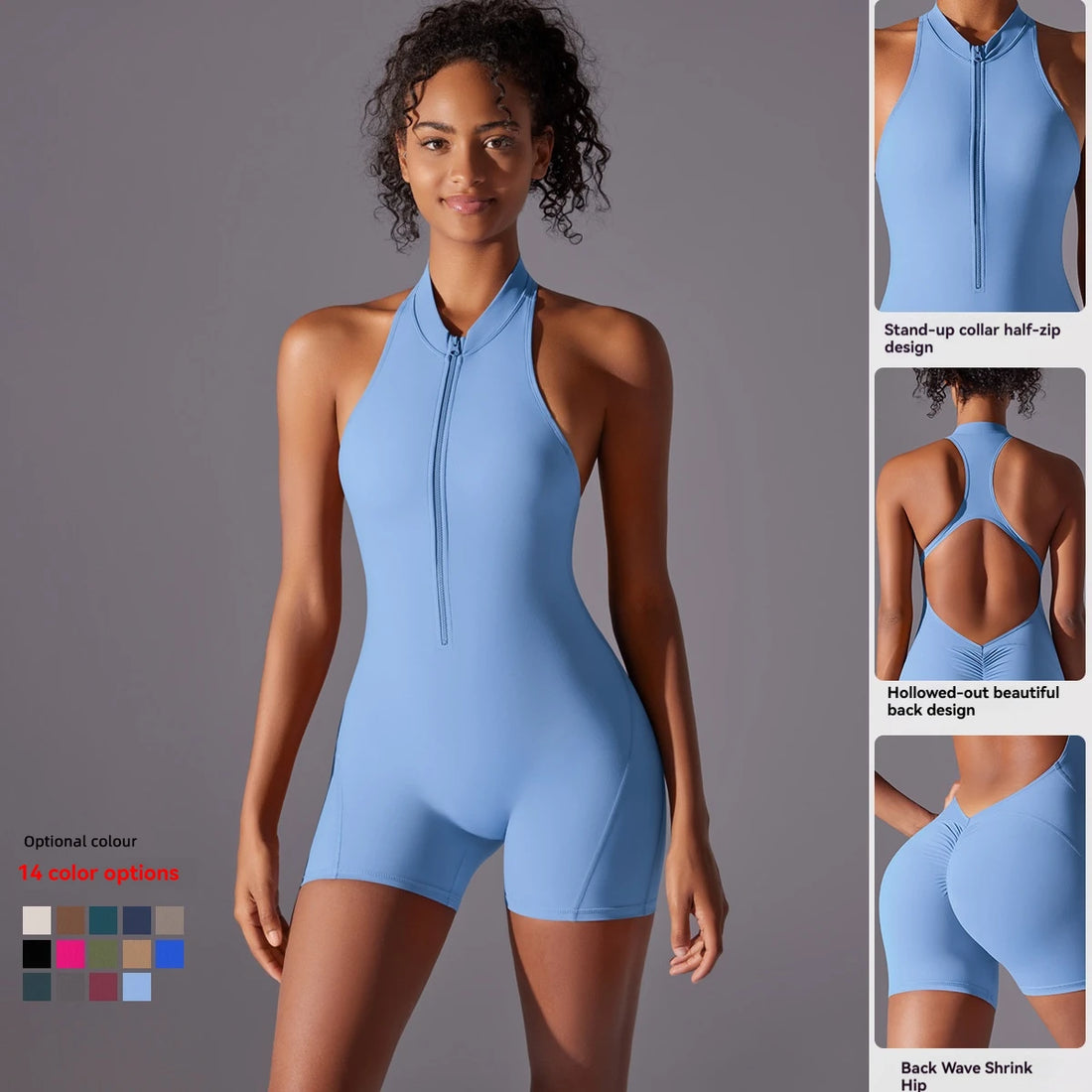 Halter Neck Yoga Jumpsuit Front Zip Backless Romper Scrunch Butt Bodysuit One Piece Shorts Fitness Set Custom LOGO