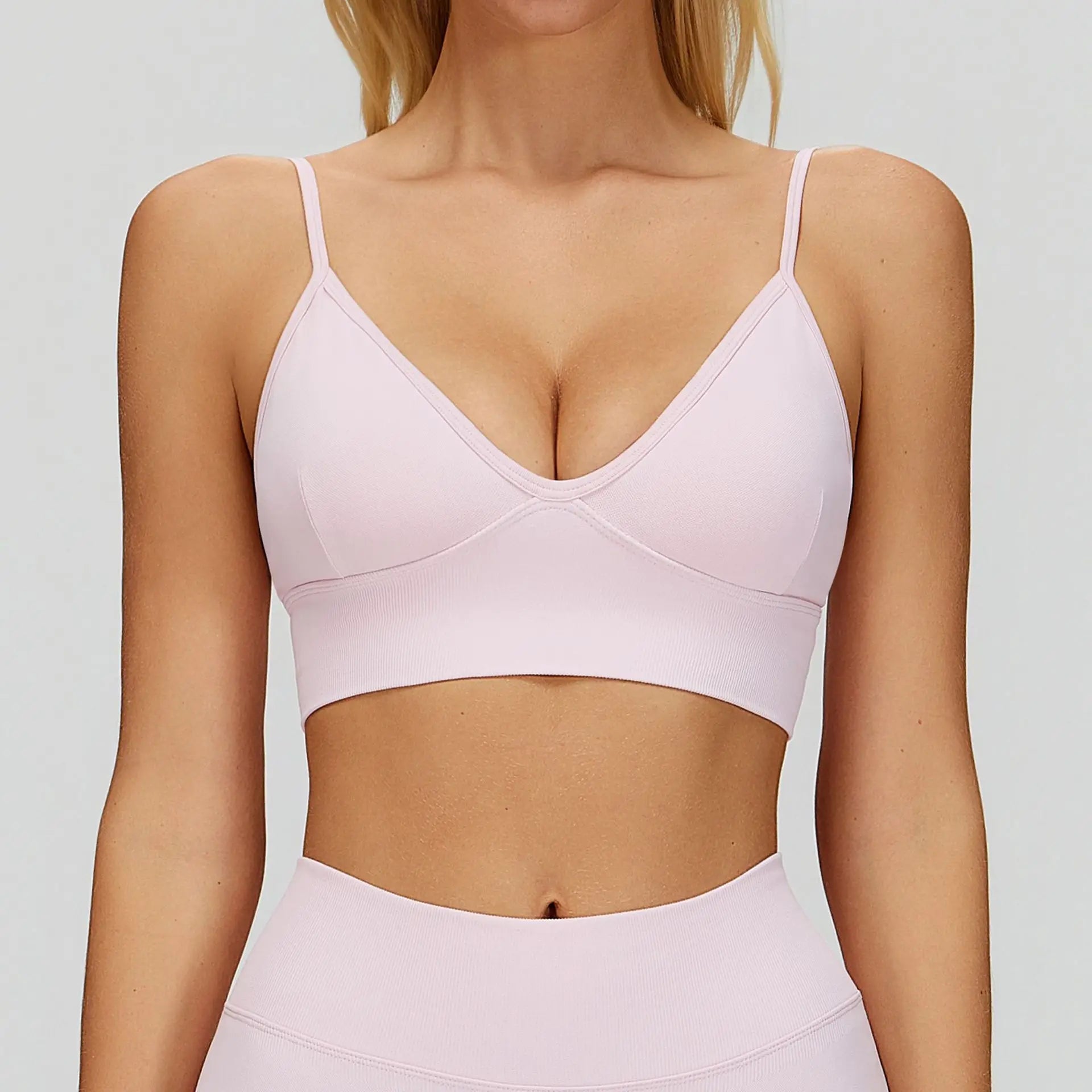 Yoga Bra Women Seamless Ribbed Sports Bra Spaghetti Strap V Neck Padded Gym Workout Crop Top Custom Logo Breathable