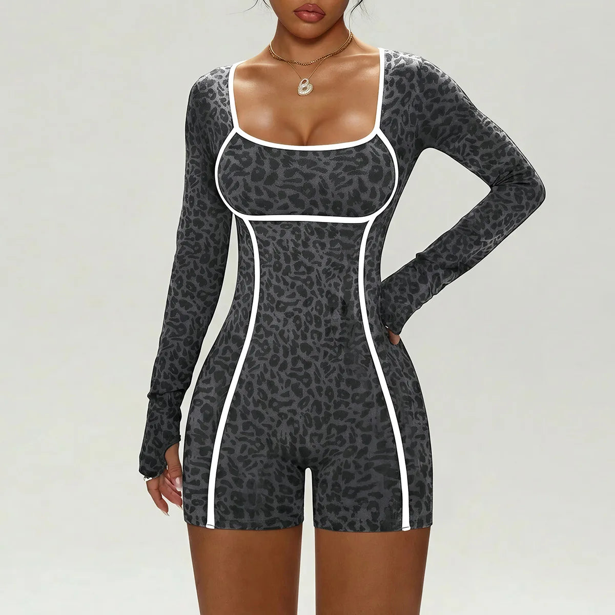 Leopard Seamless Activewear Women Long Sleeve Butt Lift Gym Workout Yoga Breathable & Quick-Dry Jumpsuits Workout Bodysuit